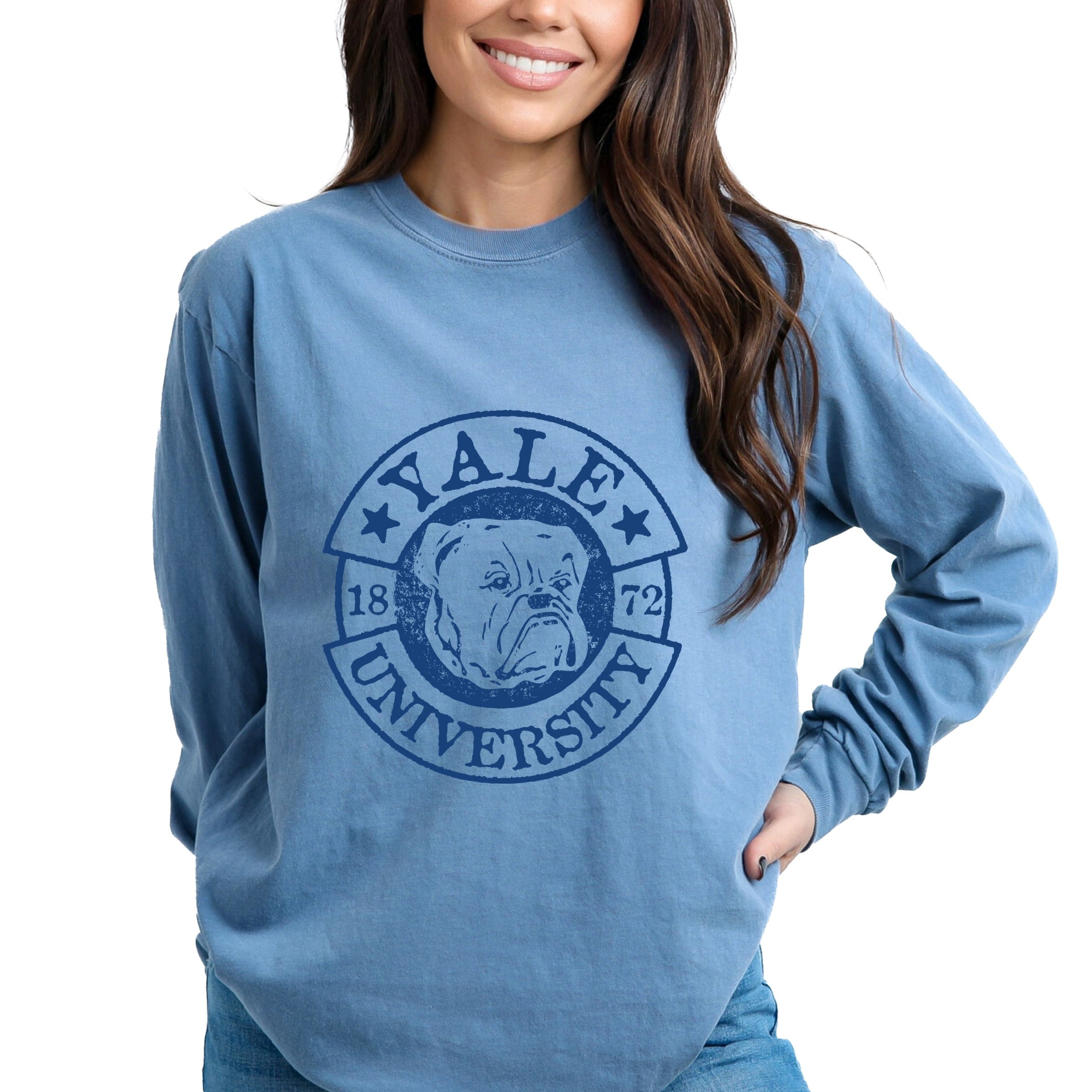 Yale University Bulldog Circle - Women's Garment Dyed Long Sleeve Graphic T-Shirt