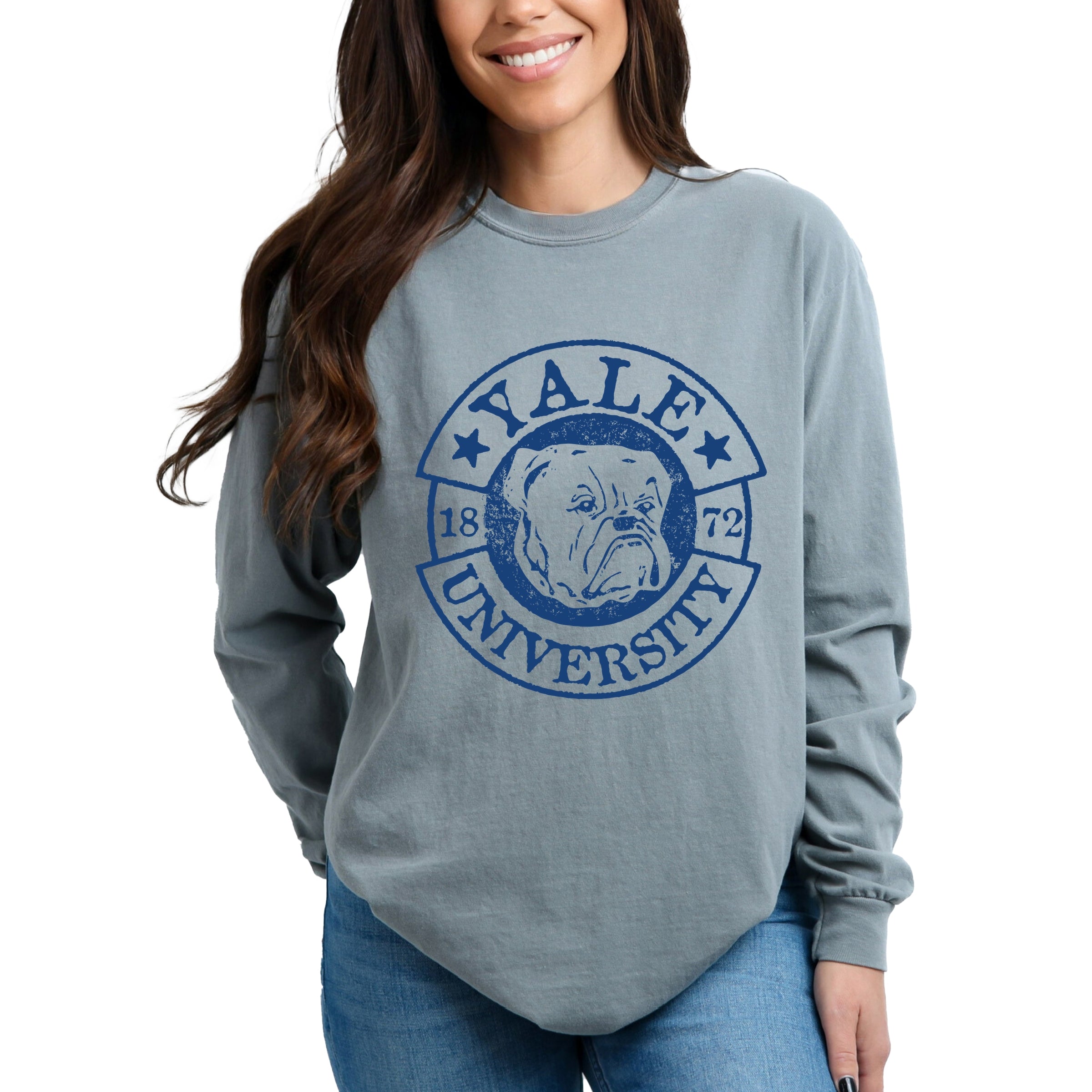 Yale University Bulldog Circle - Women's Garment Dyed Long Sleeve Graphic T-Shirt
