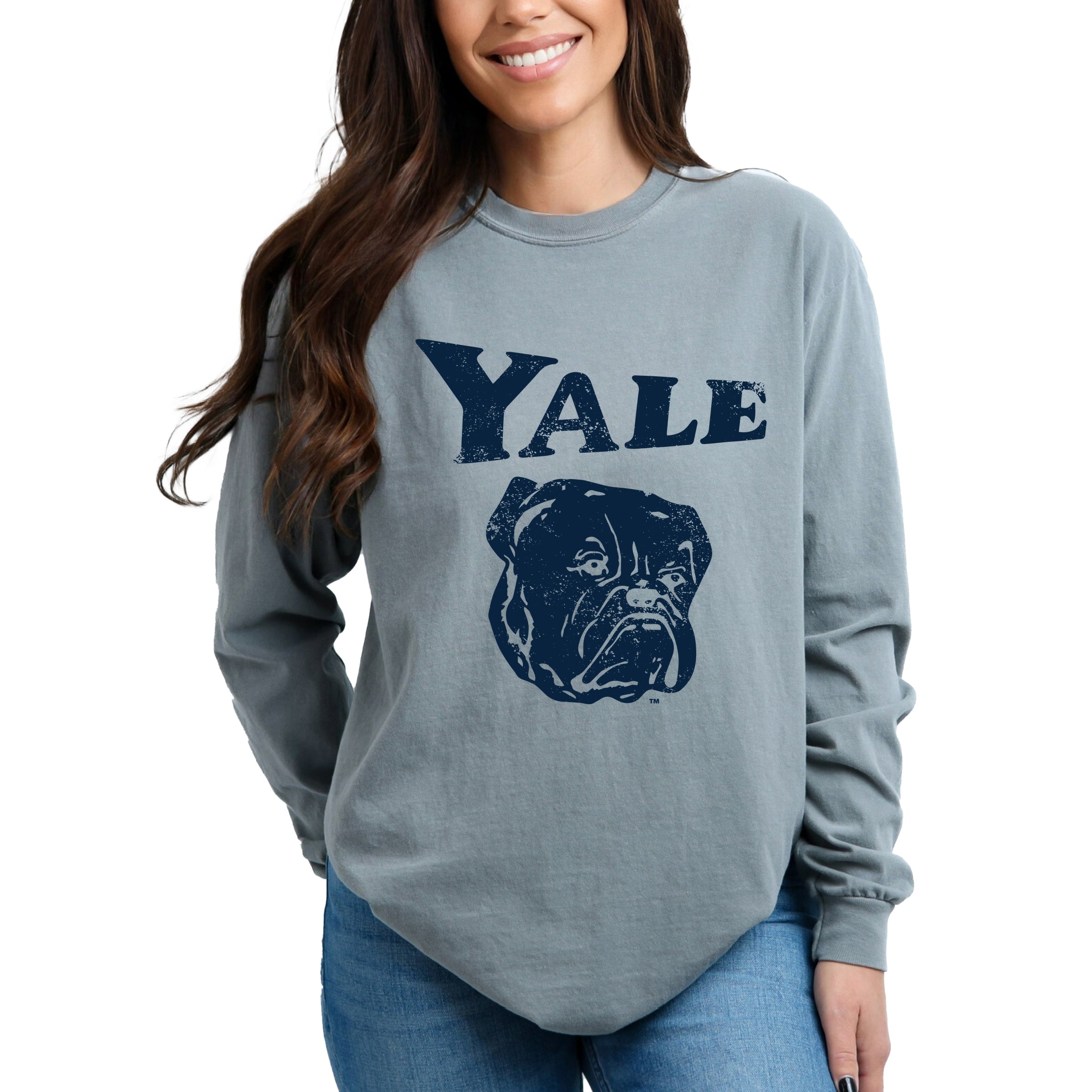 Yale Bulldog Distressed - Women's Garment Dyed Long Sleeve Graphic T-Shirt