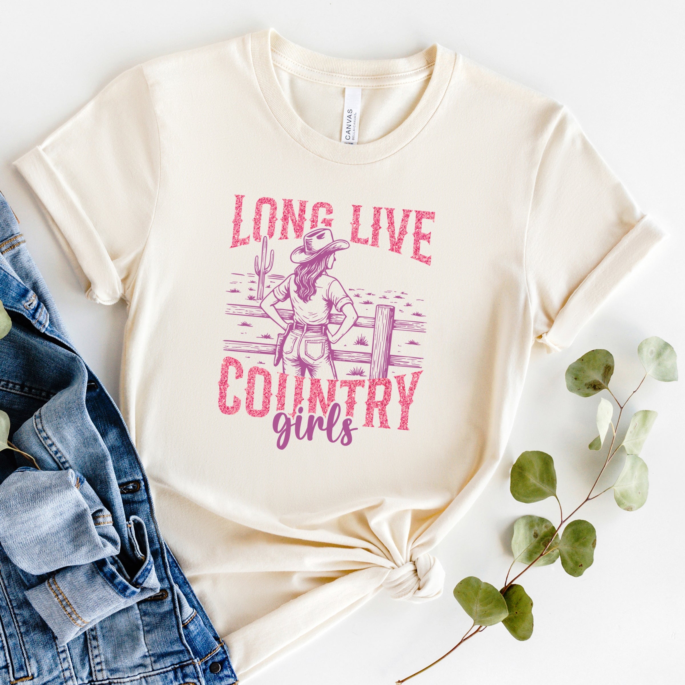 Long Live Country Girls Glitter - Womens Short Sleeve Graphic T-Shirt