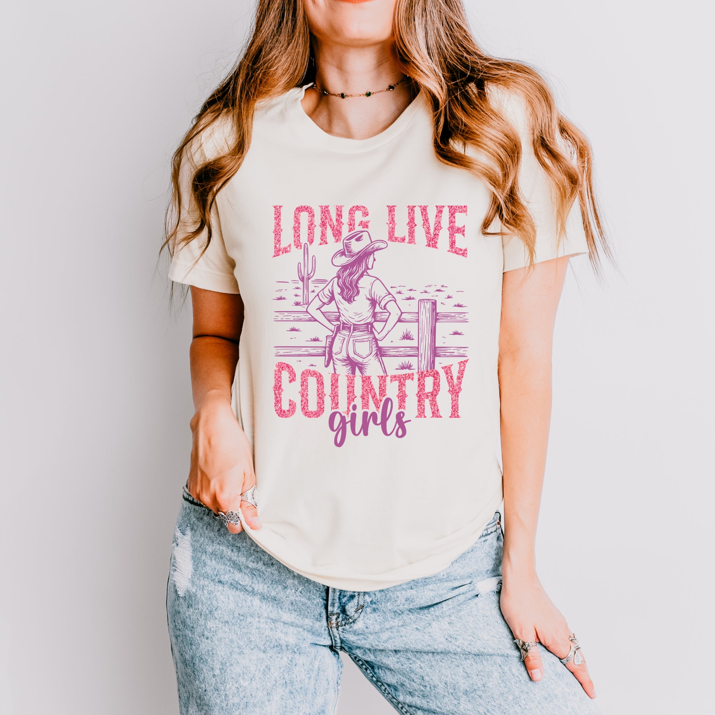 Long Live Country Girls Glitter - Womens Short Sleeve Graphic T-Shirt