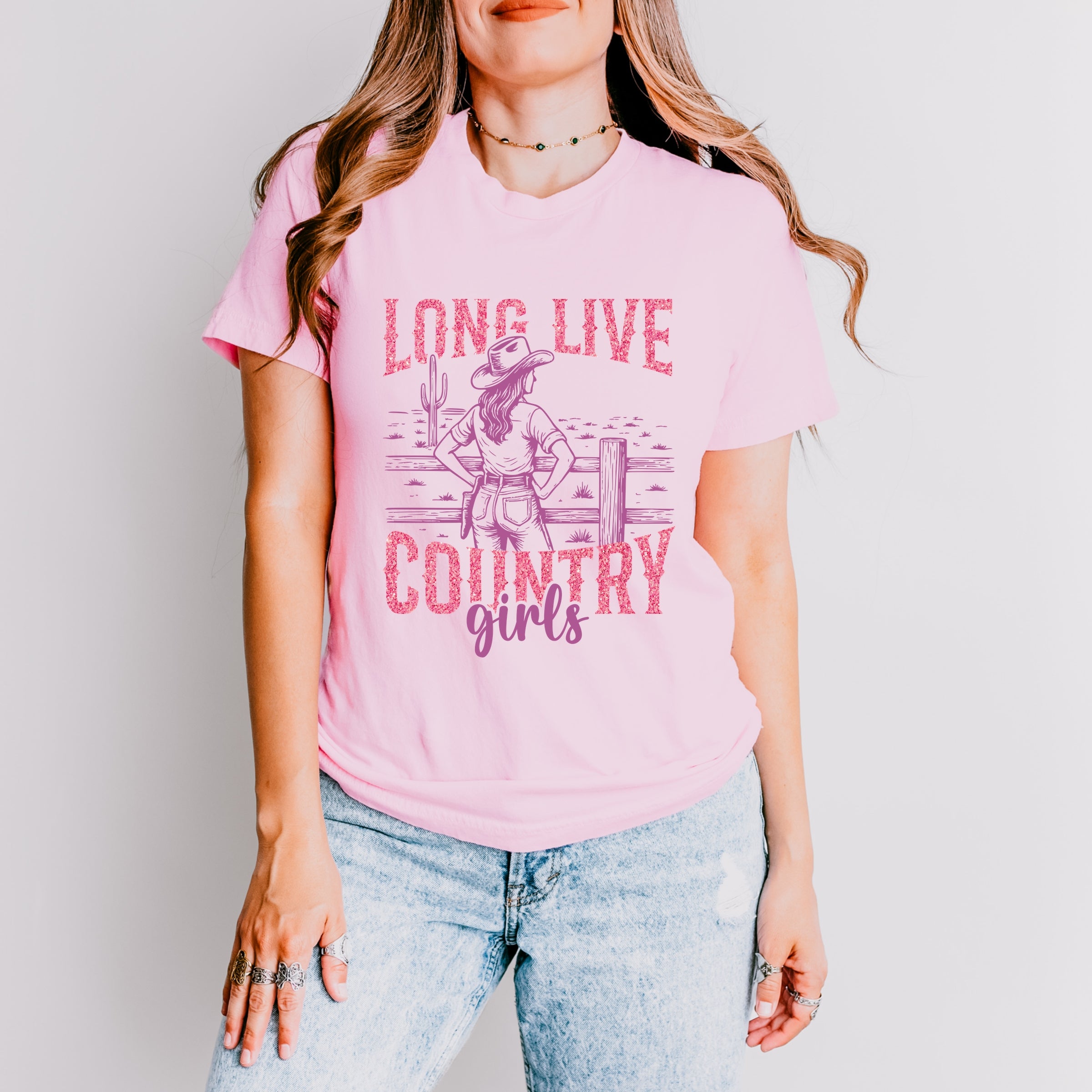Long Live Country Girls Glitter - Womens Short Sleeve Graphic T-Shirt