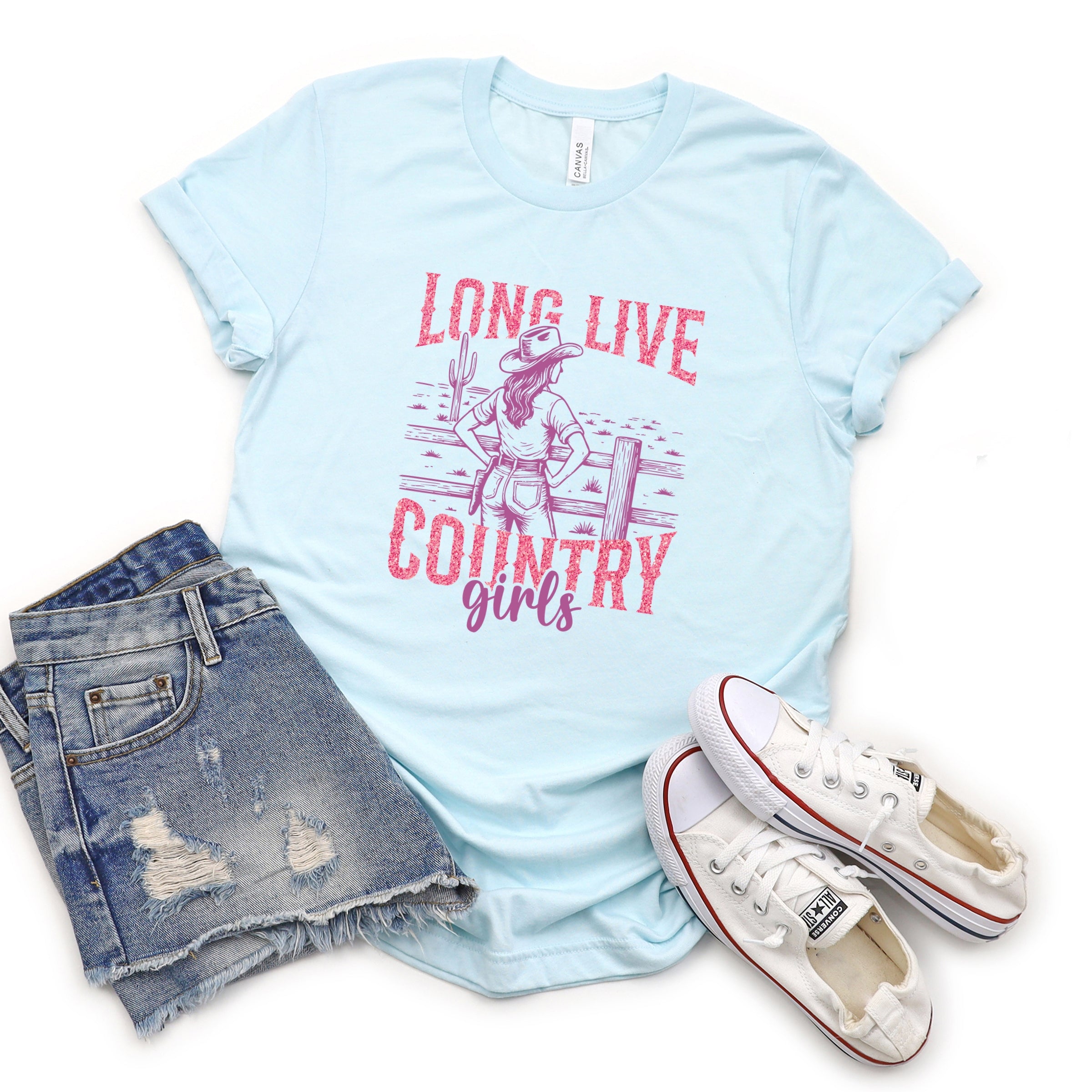 Long Live Country Girls Glitter - Womens Short Sleeve Graphic T-Shirt