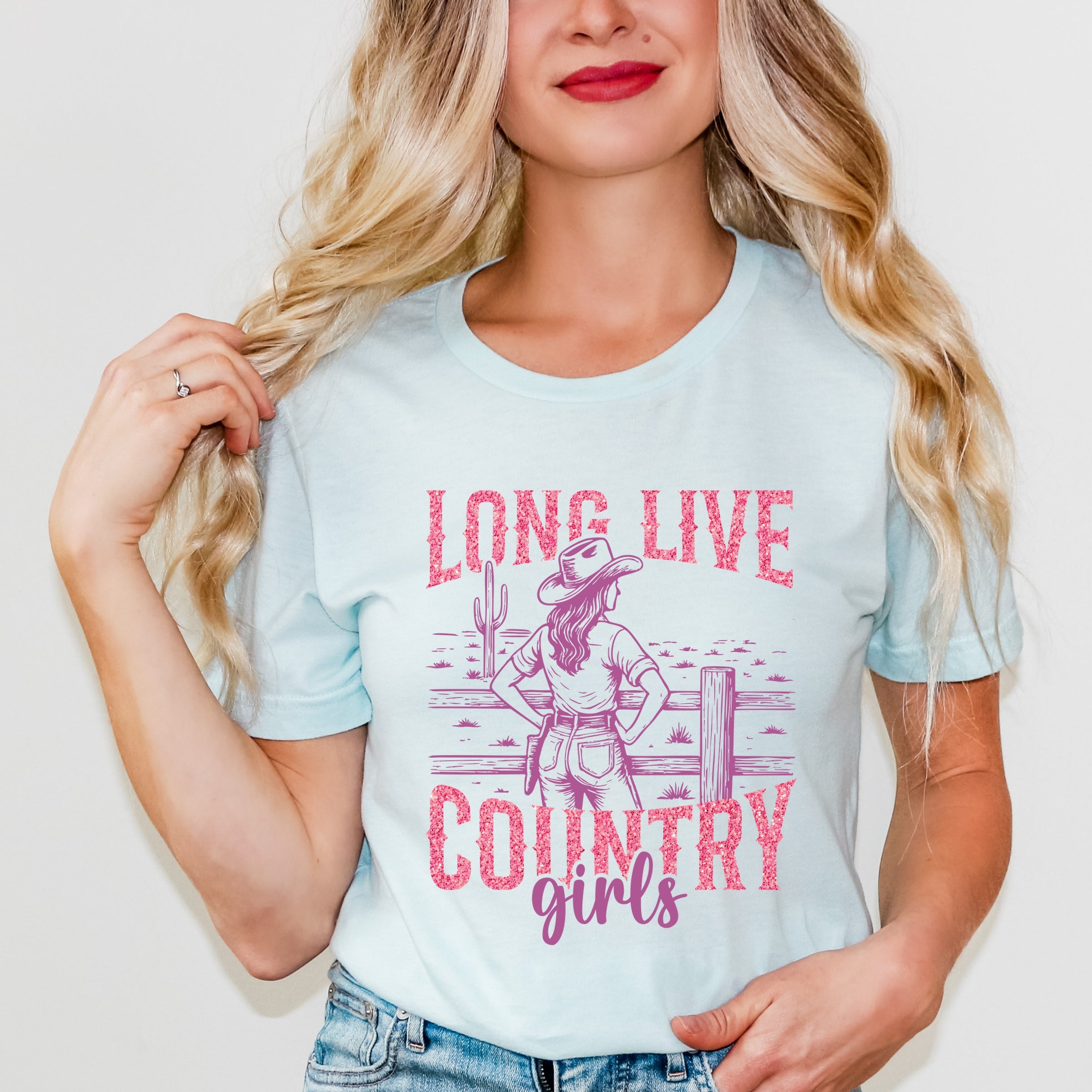 Long Live Country Girls Glitter - Womens Short Sleeve Graphic T-Shirt