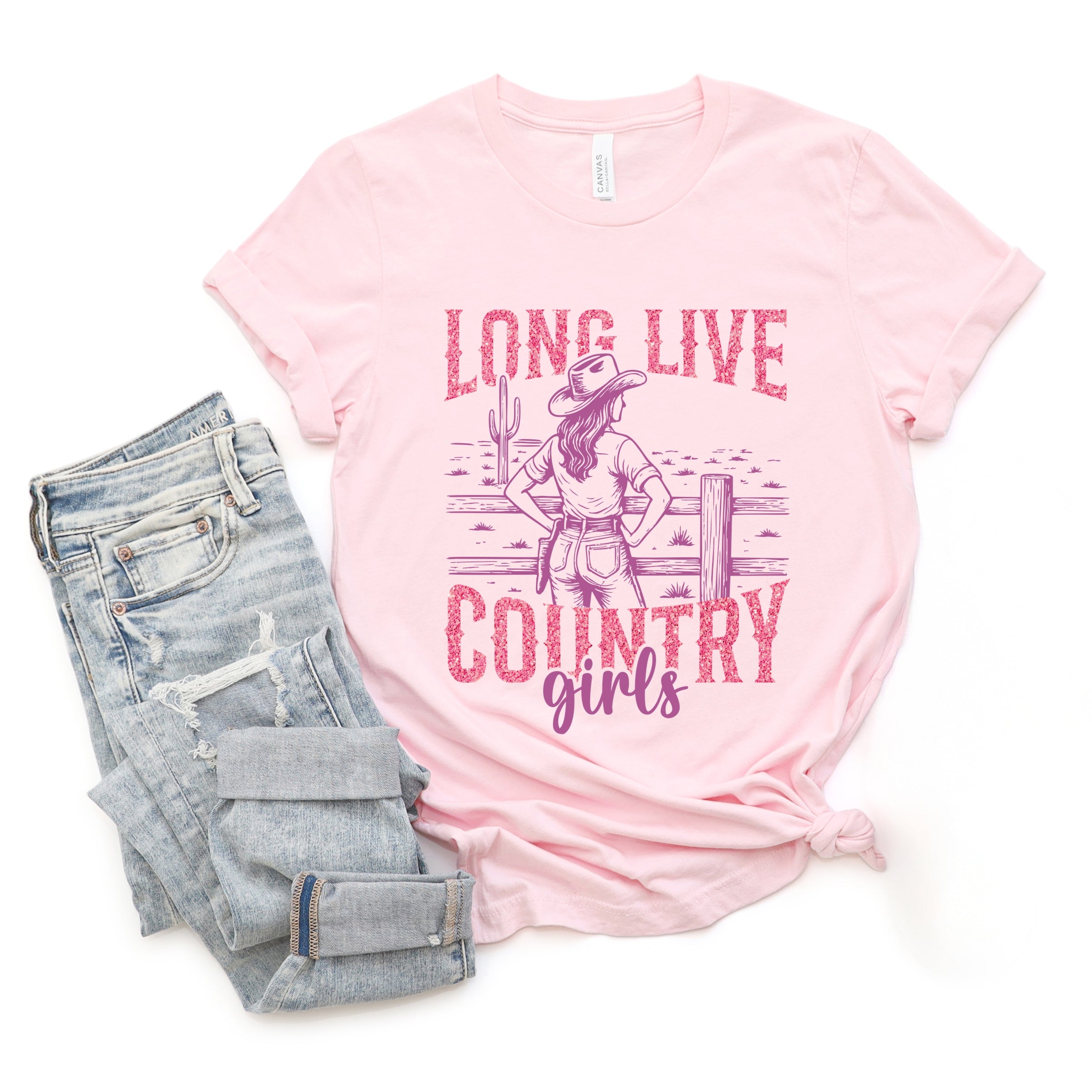 Long Live Country Girls Glitter - Womens Short Sleeve Graphic T-Shirt