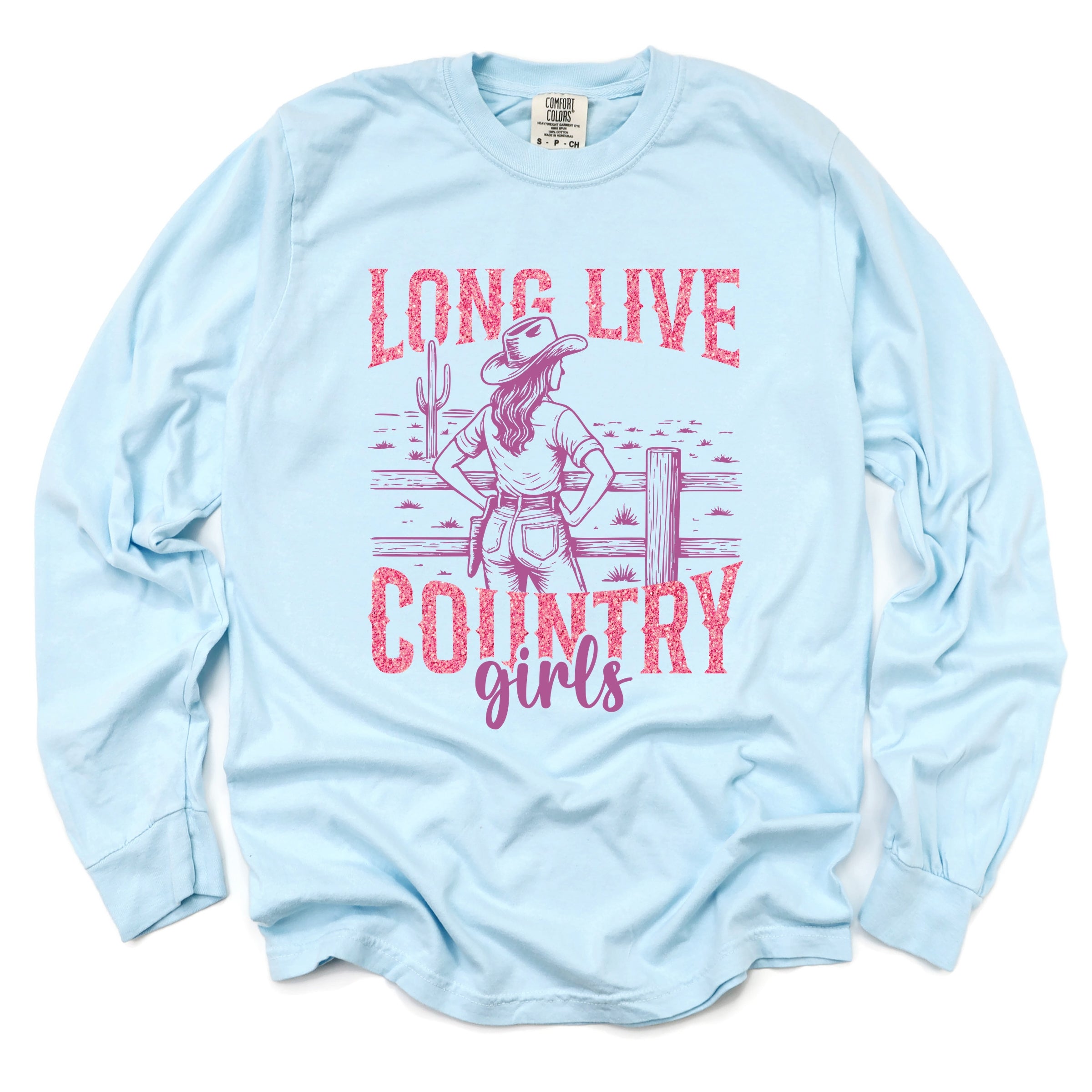 Long Live Country Girls Glitter - Womens Garment Dyed Long Sleeve Graphic T-Shirt