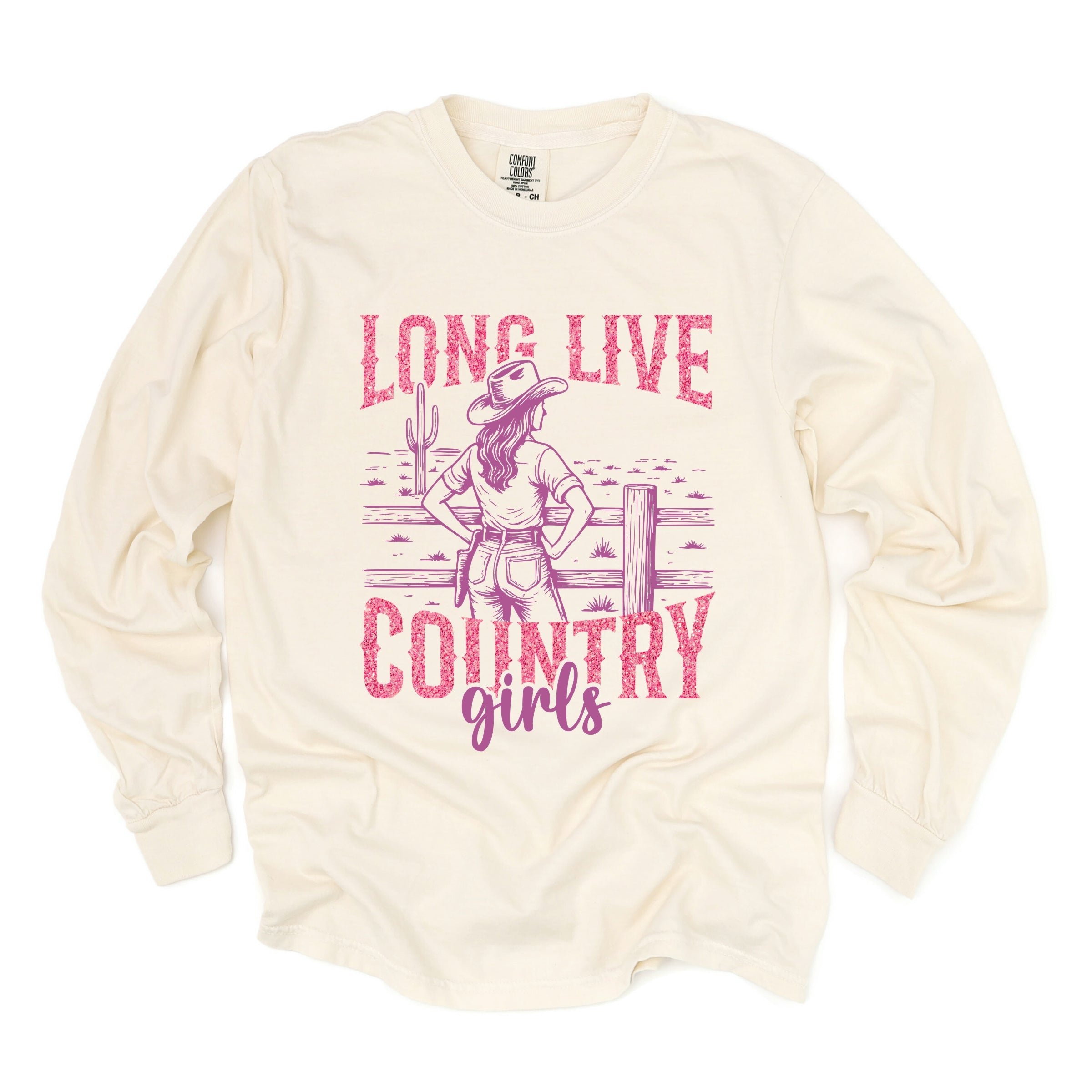 Long Live Country Girls Glitter - Womens Garment Dyed Long Sleeve Graphic T-Shirt