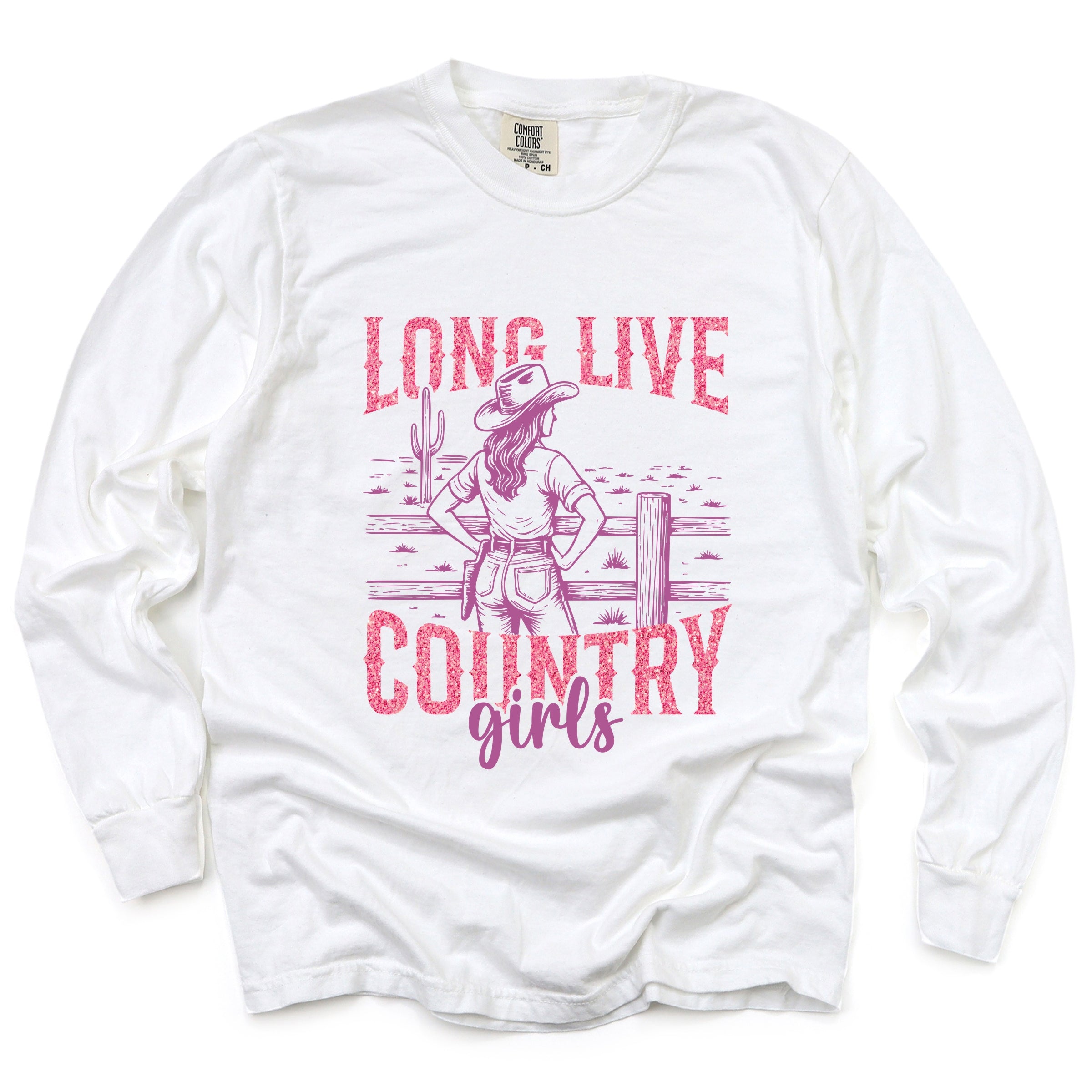 Long Live Country Girls Glitter - Womens Garment Dyed Long Sleeve Graphic T-Shirt