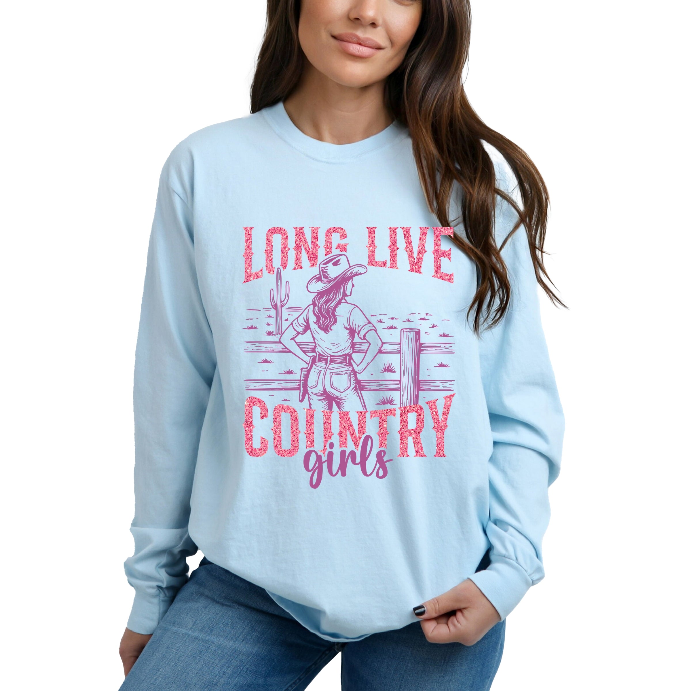 Long Live Country Girls Glitter - Womens Garment Dyed Long Sleeve Graphic T-Shirt