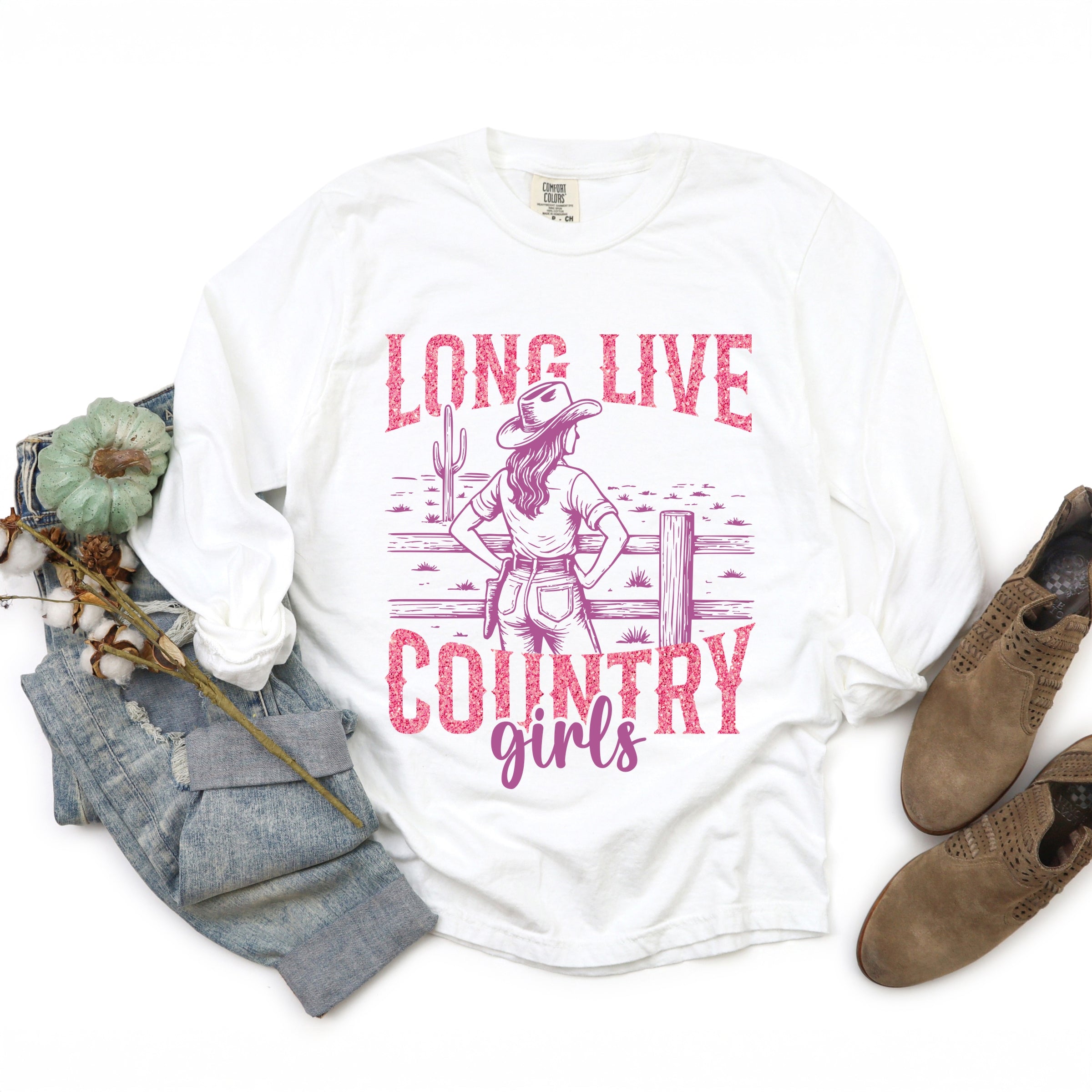 Long Live Country Girls Glitter - Womens Garment Dyed Long Sleeve Graphic T-Shirt