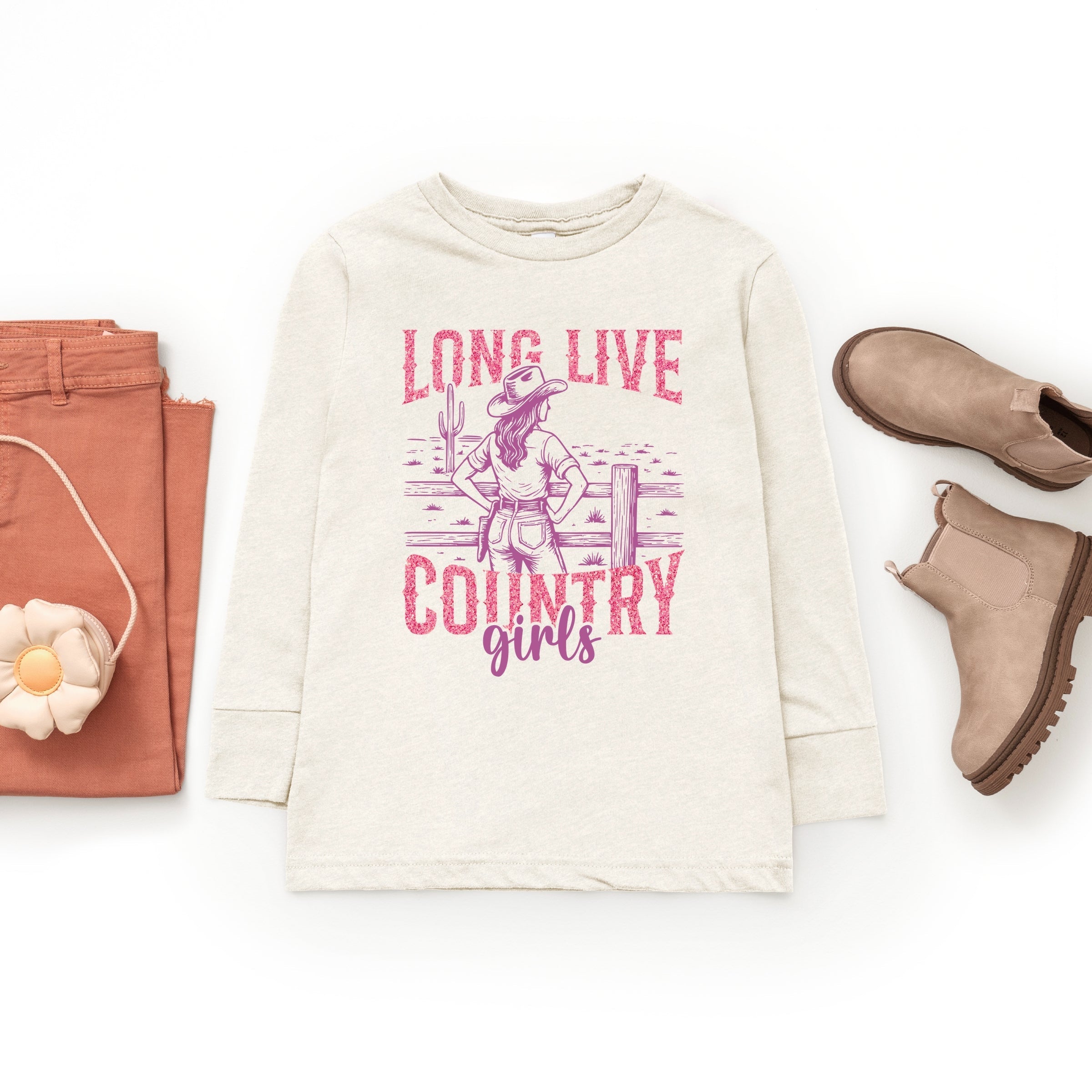 Long Live Country Girls Glitter - Youth Long Sleeve Graphic T-Shirt