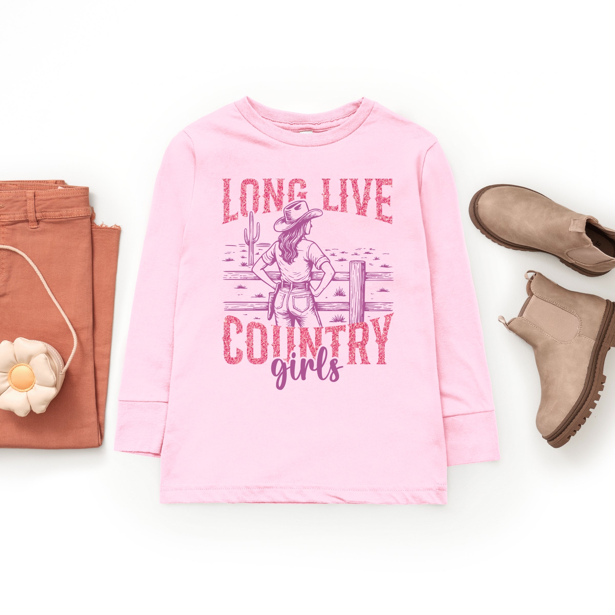Long Live Country Girls Glitter - Youth Long Sleeve Graphic T-Shirt