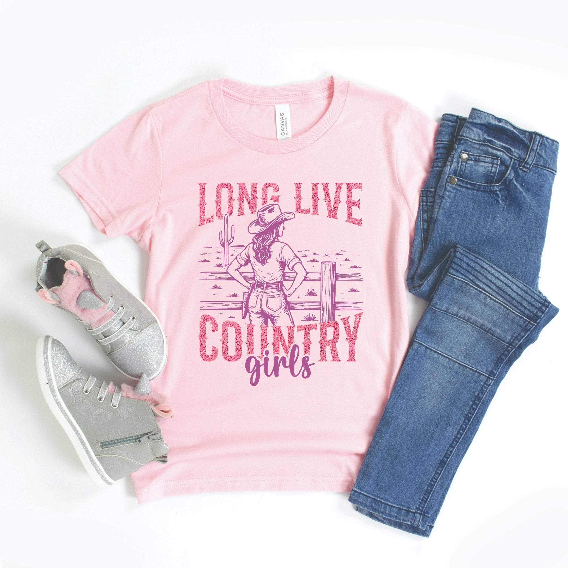 Long Live Country Girls Glitter - Youth Short Sleeve Graphic T-Shirt