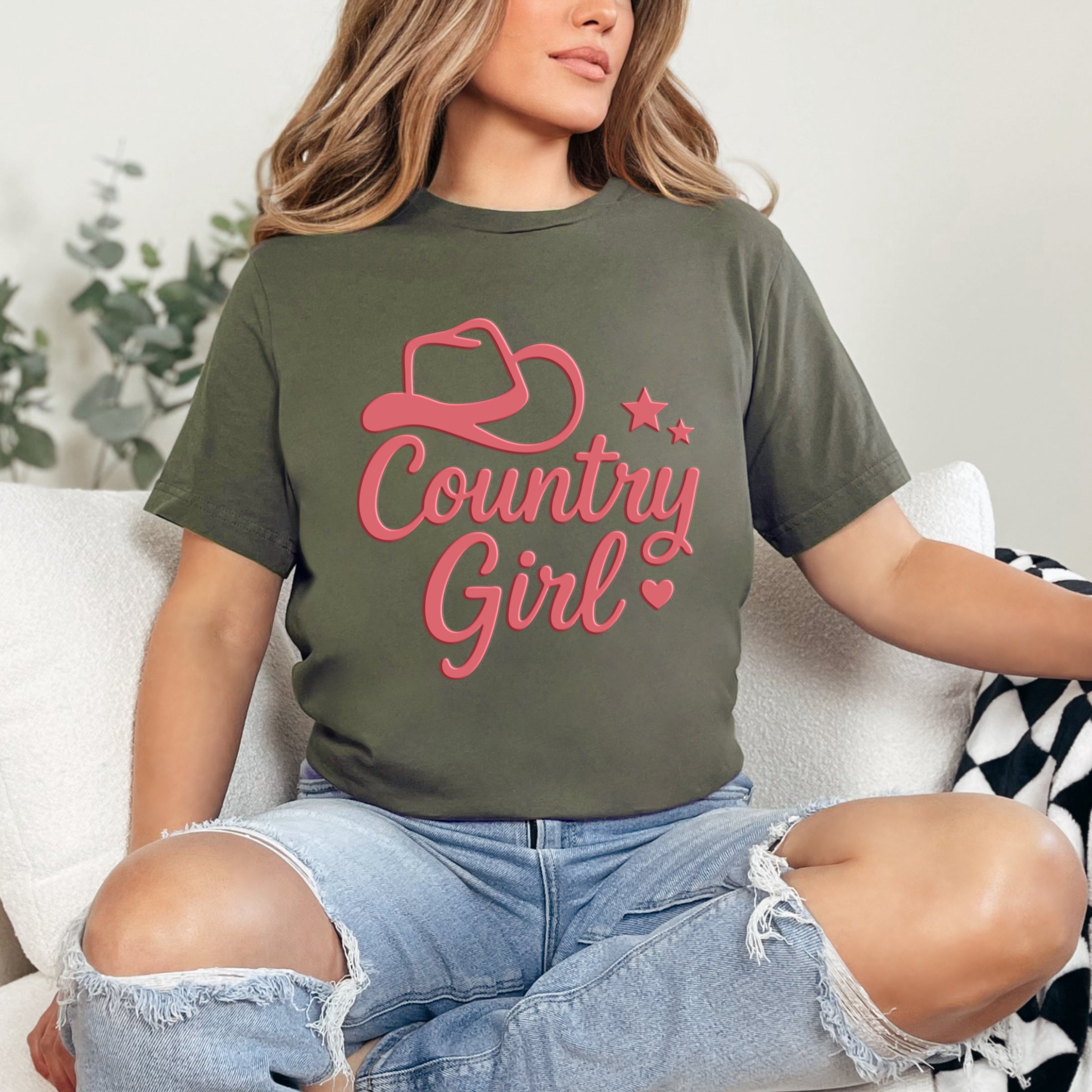Country Girl Hat Puff Print  - Womens Short Sleeve Graphic T-Shirt