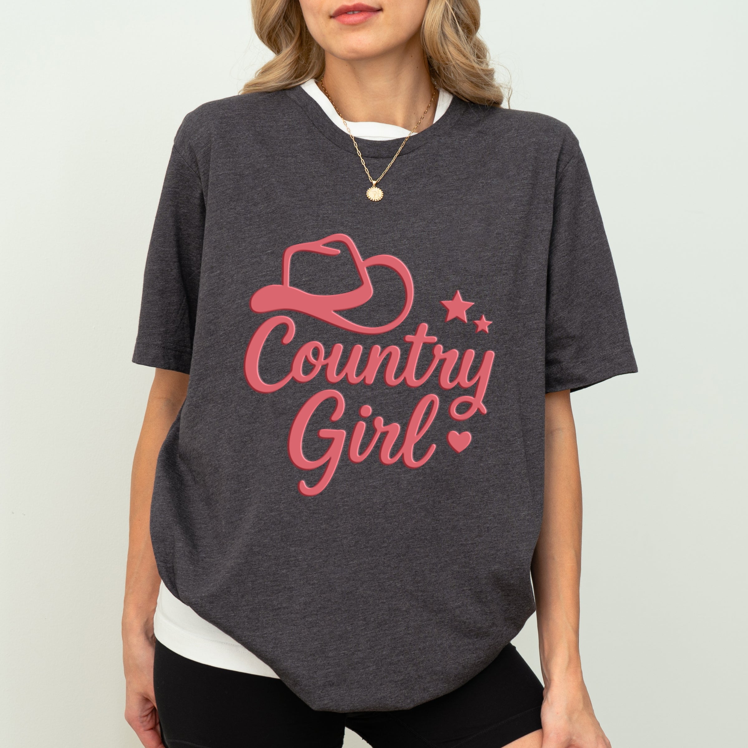 Country Girl Hat Puff Print  - Womens Short Sleeve Graphic T-Shirt