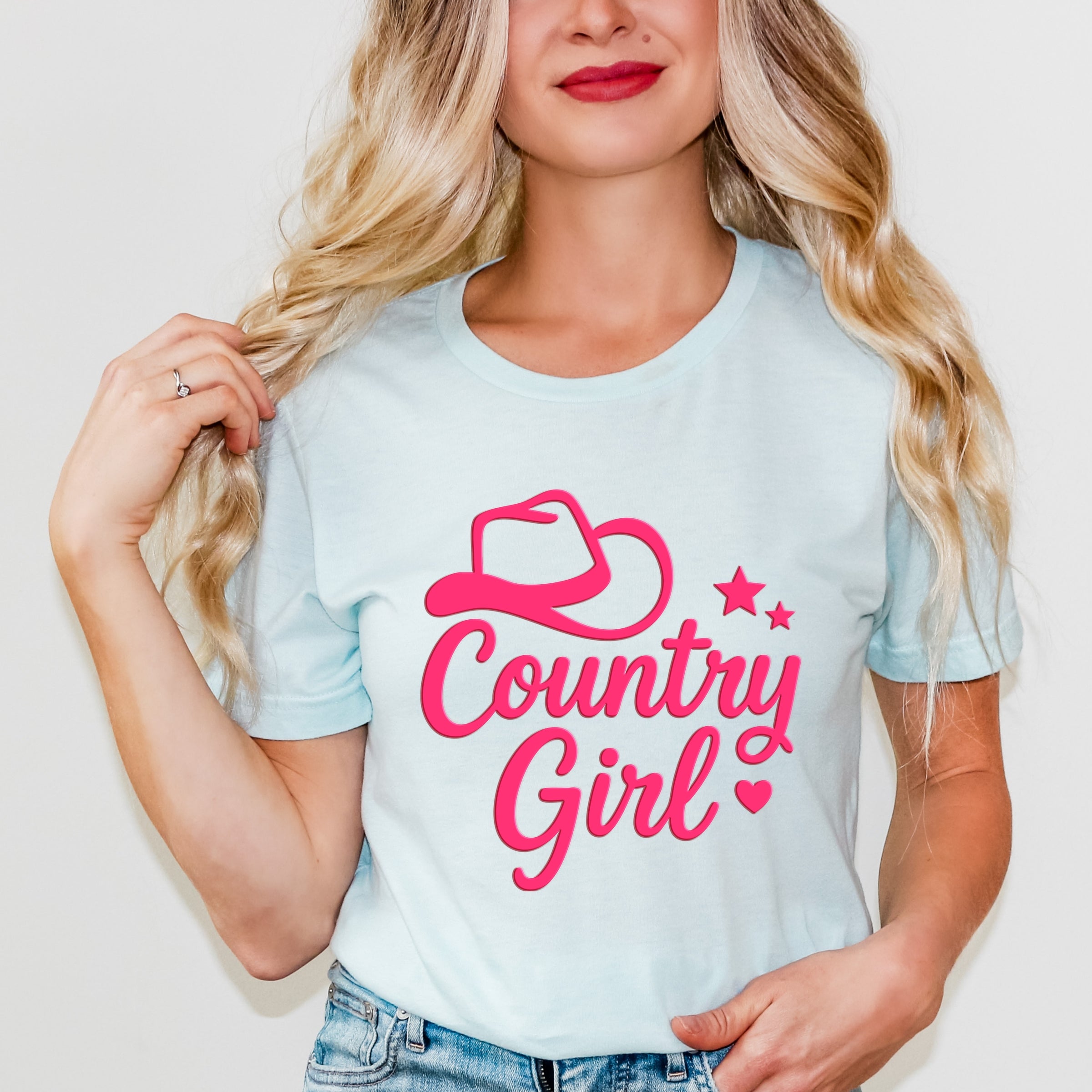 Country Girl Hat Puff Print  - Womens Short Sleeve Graphic T-Shirt