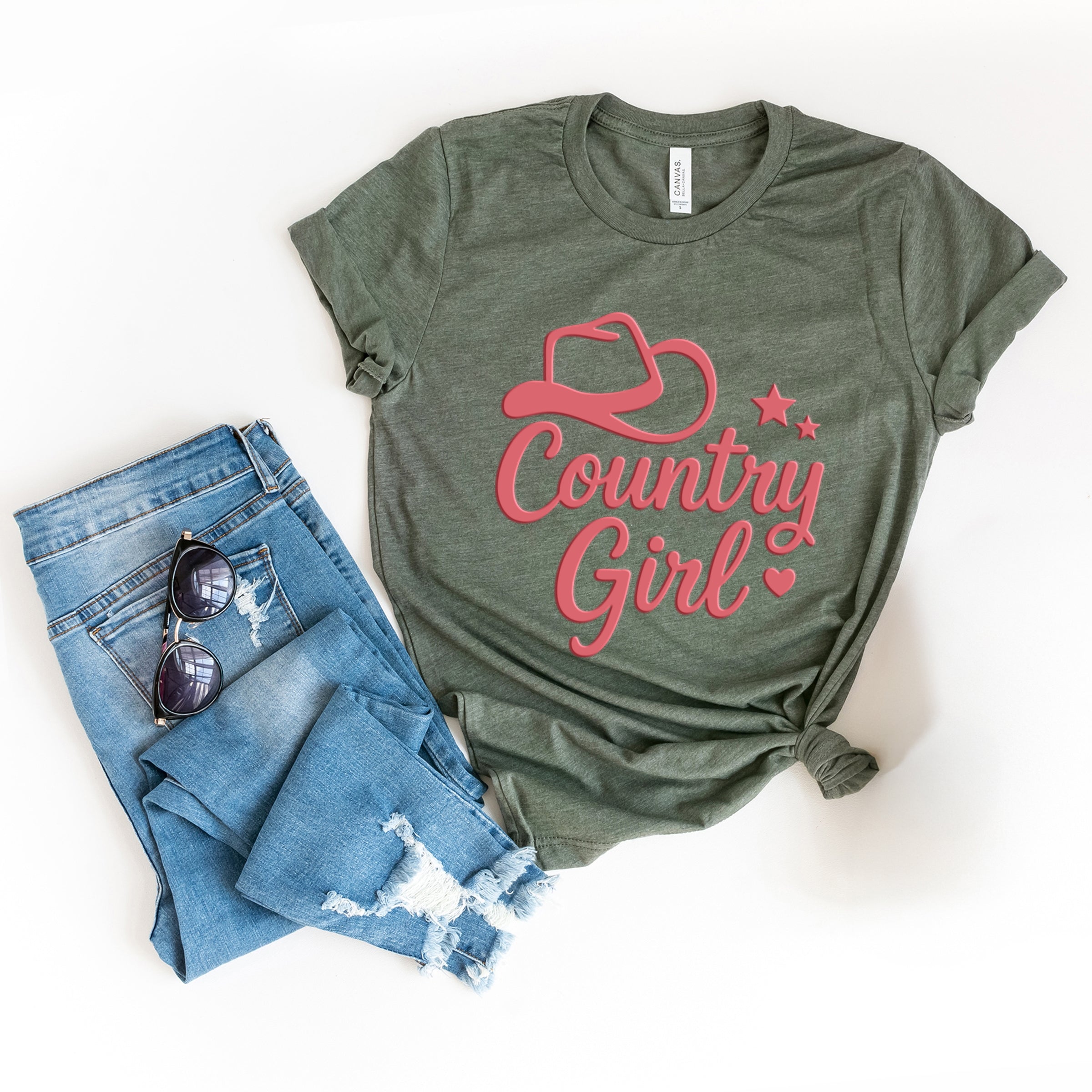 Country Girl Hat Puff Print  - Womens Short Sleeve Graphic T-Shirt