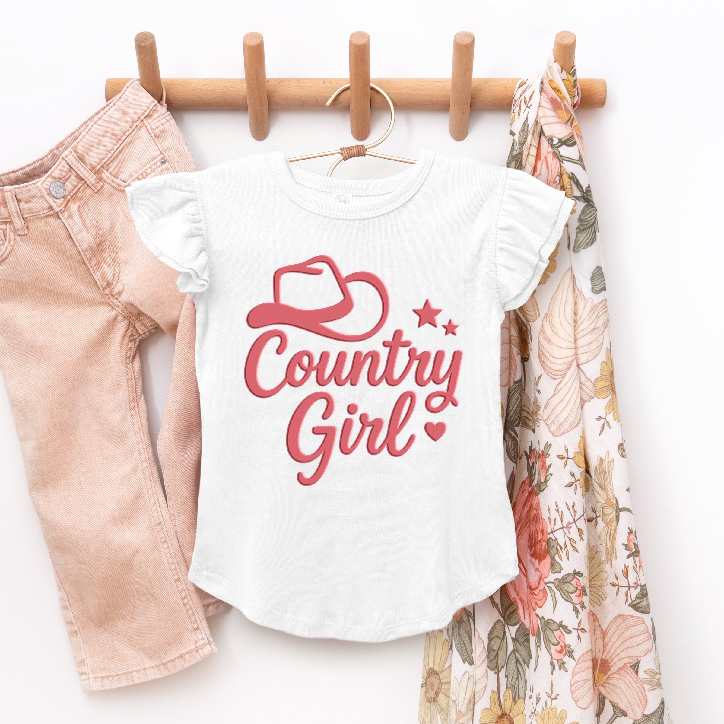 Country Girl Hat Puff Print  - Flutter Sleeve Graphic T-Shirt