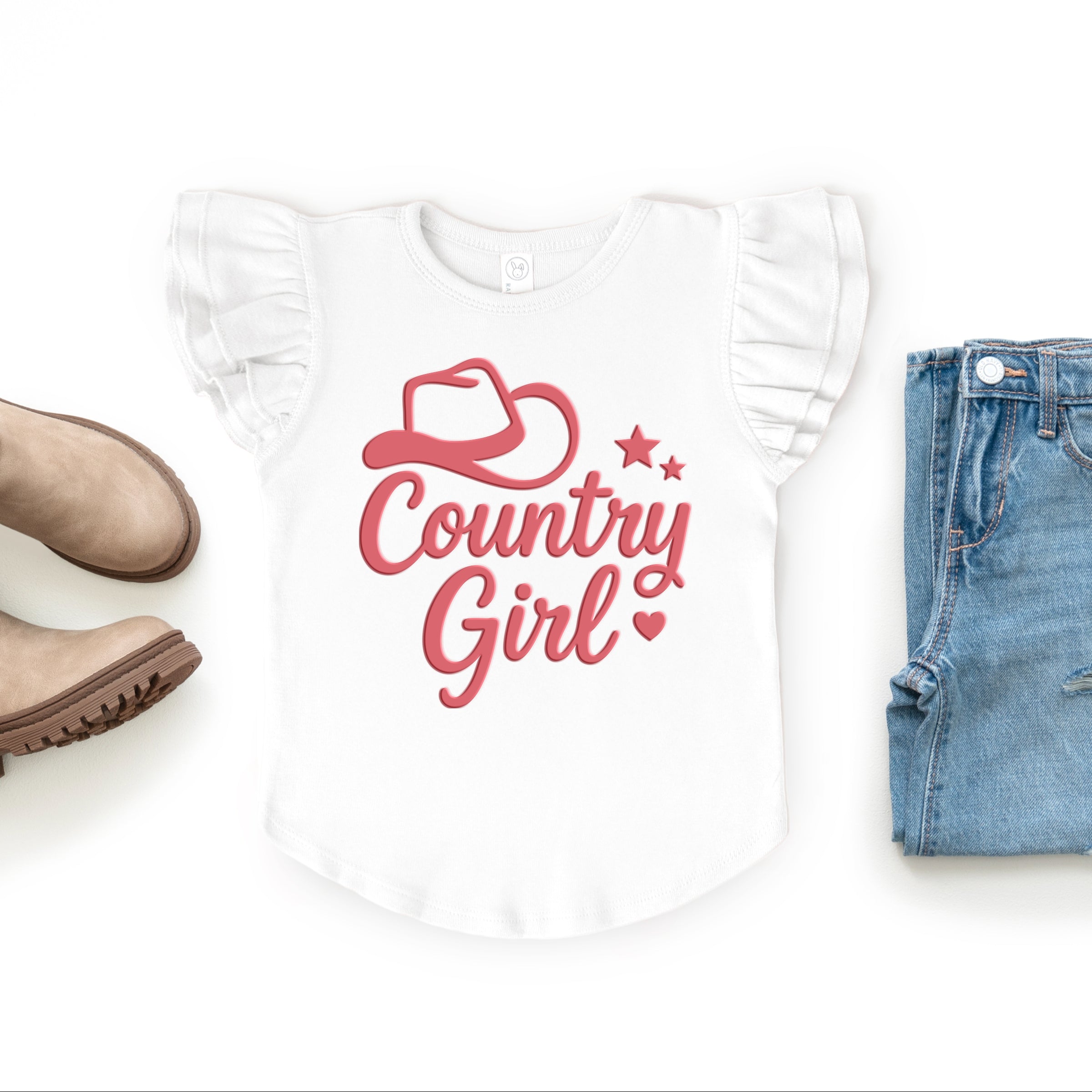Country Girl Hat Puff Print  - Flutter Sleeve Graphic T-Shirt