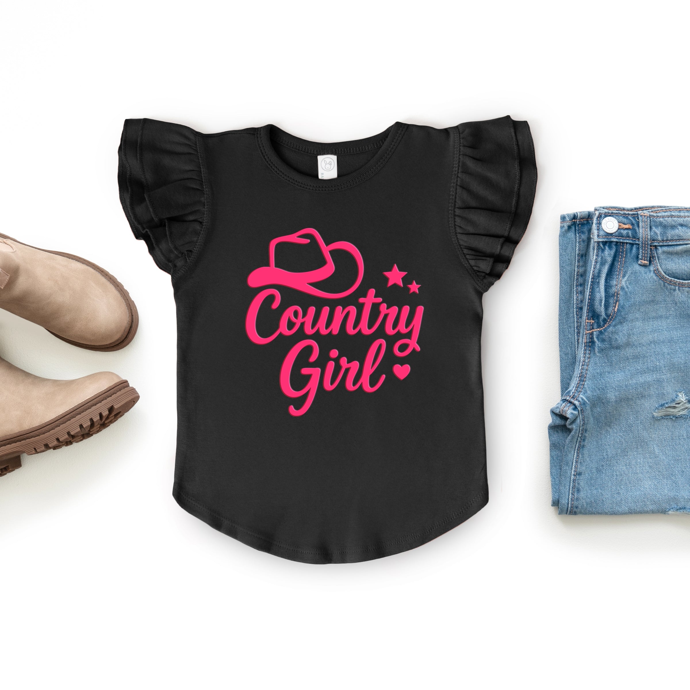 Country Girl Hat Puff Print  - Flutter Sleeve Graphic T-Shirt