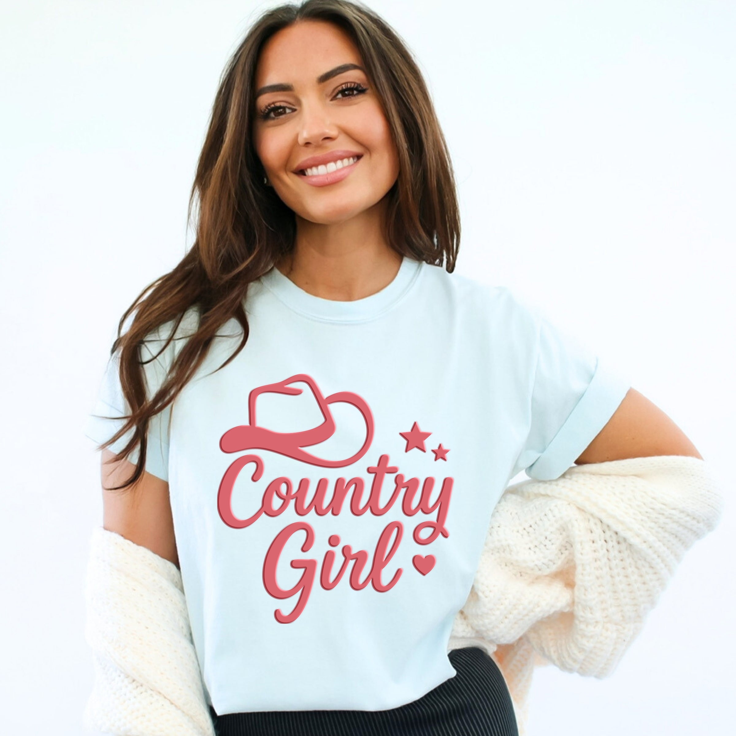 Country Girl Hat Puff Print  - Womens Garment Dyed Graphic T-Shirt