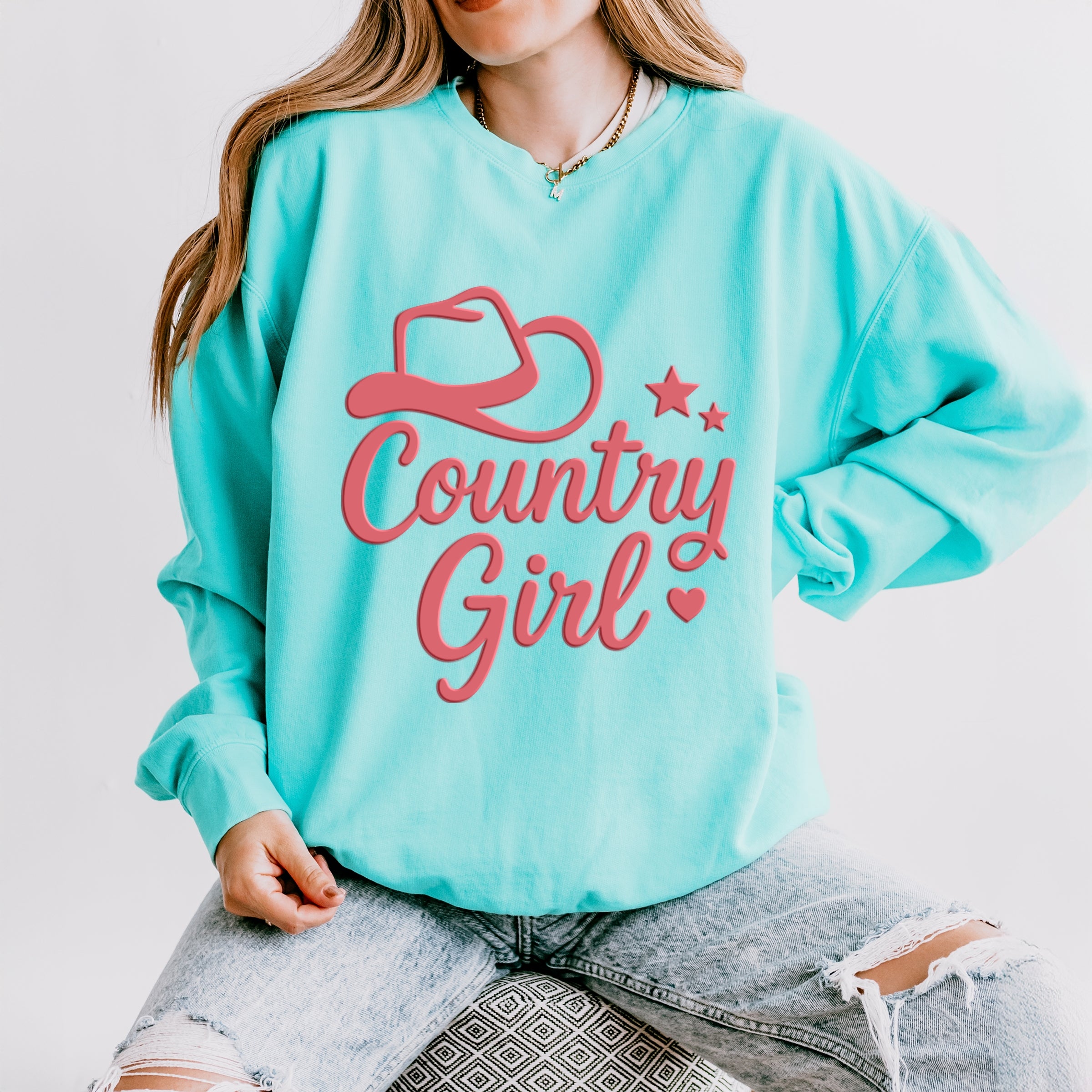 Country Girl Hat Puff Print  - Womens Lightweight Garment Dyed Sweatshirt