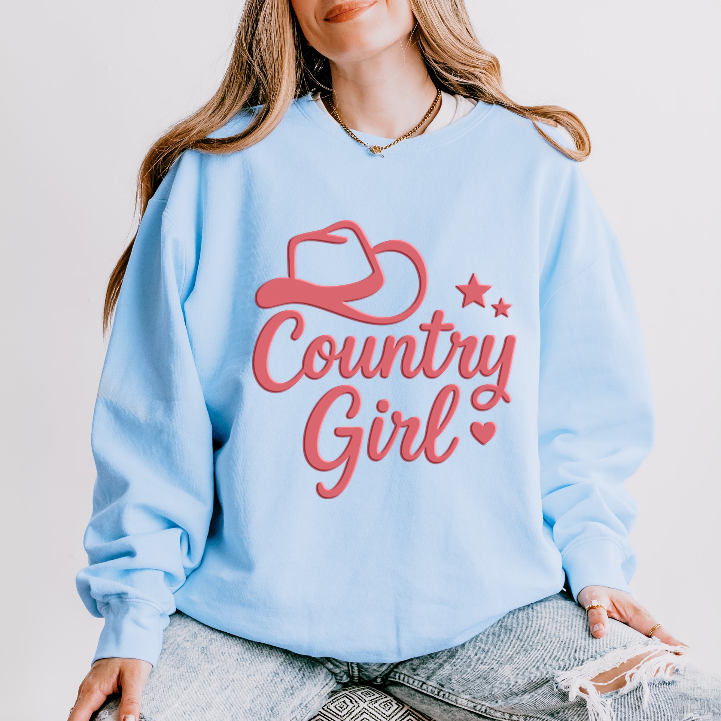Country Girl Hat Puff Print  - Womens Lightweight Garment Dyed Sweatshirt