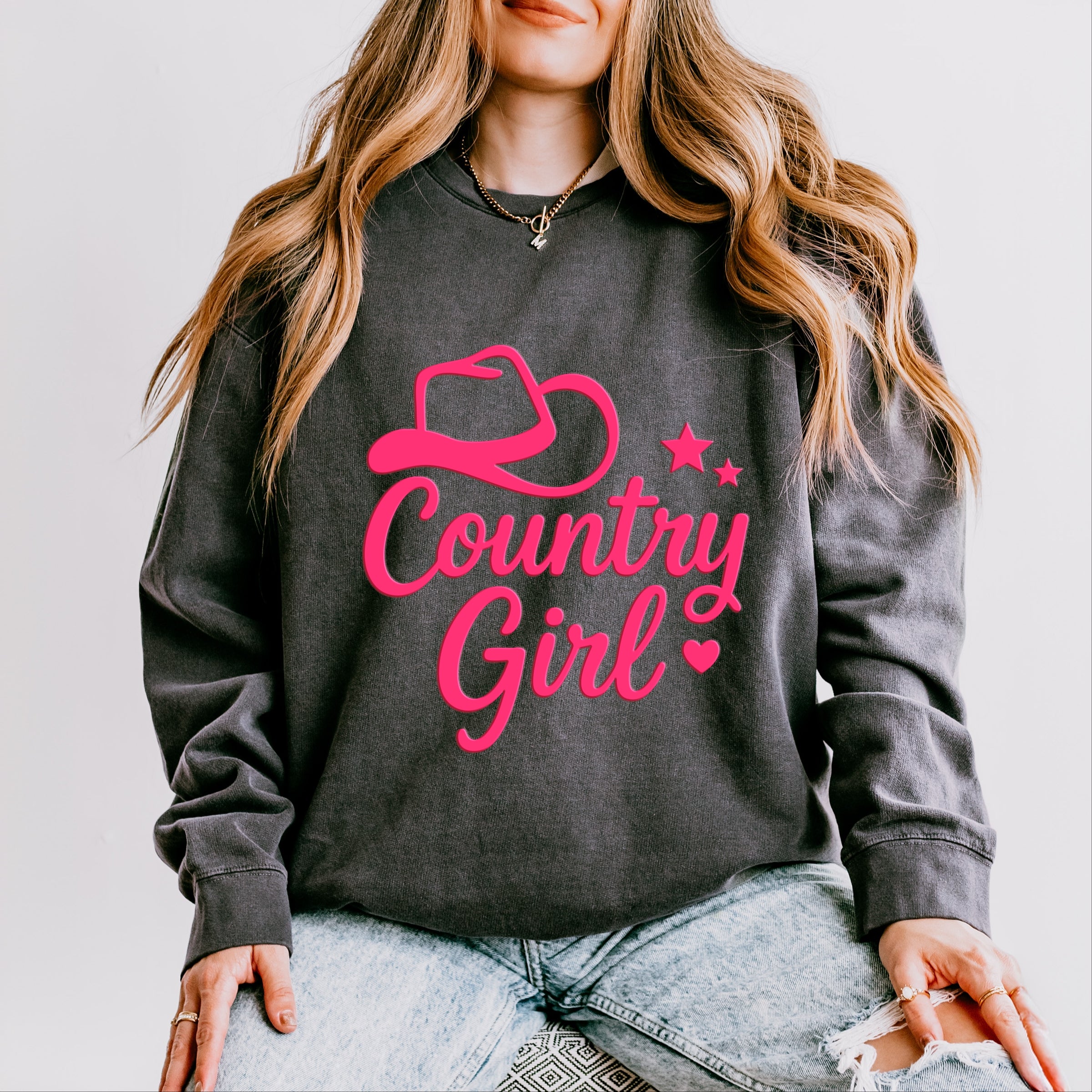 Country Girl Hat Puff Print  - Womens Lightweight Garment Dyed Sweatshirt