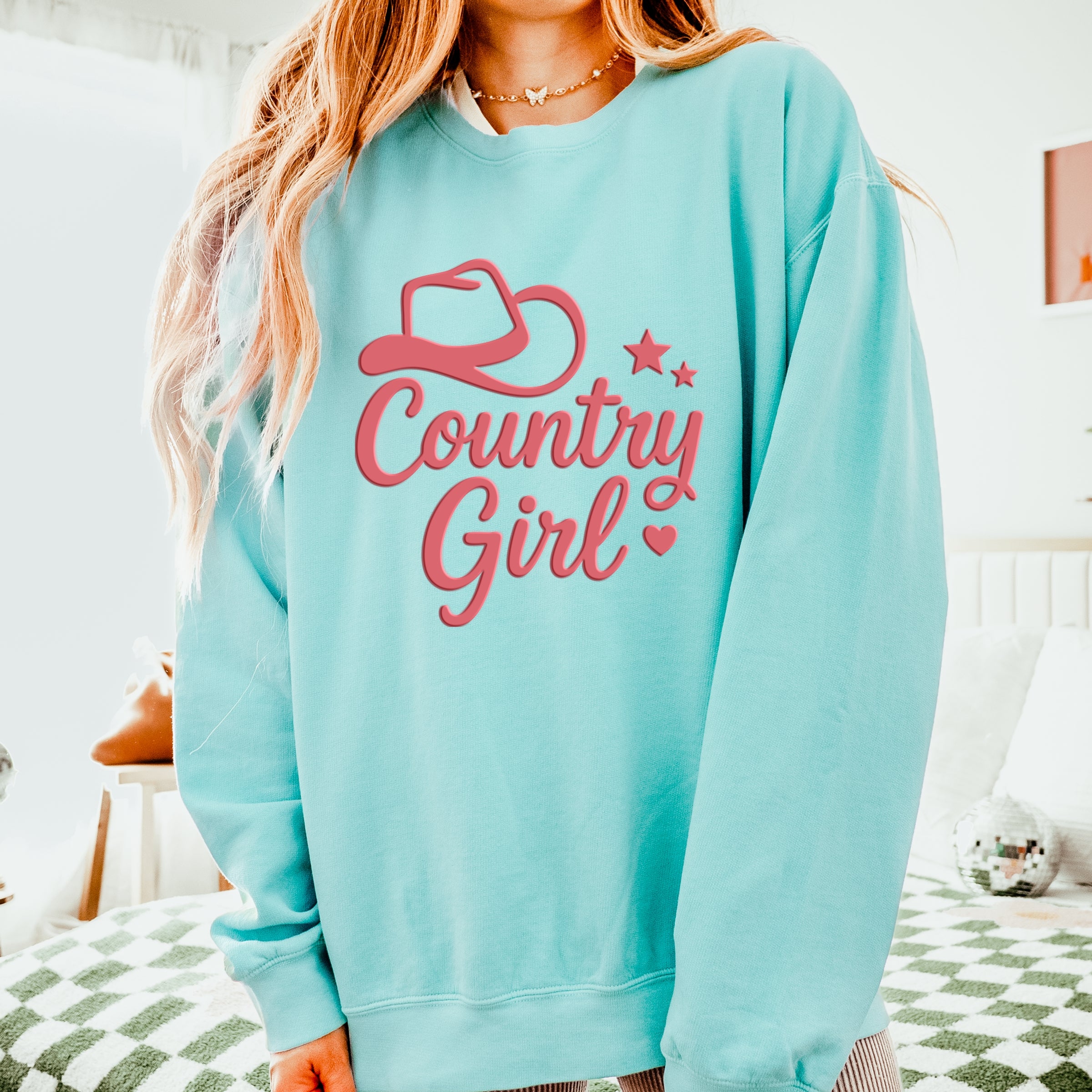 Country Girl Hat Puff Print  - Womens Lightweight Garment Dyed Sweatshirt
