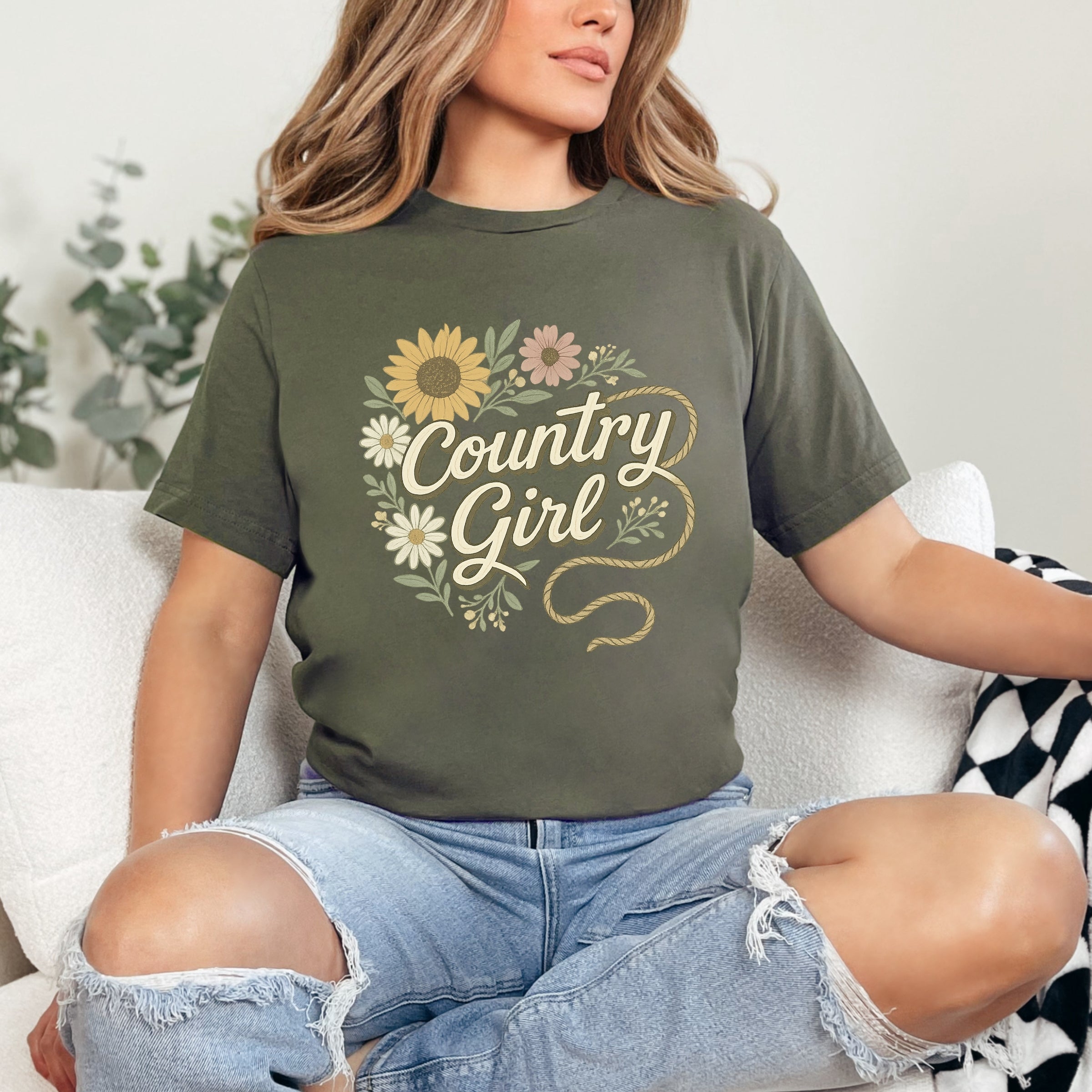 Country Girl Rope Watercolor  - Womens Short Sleeve Graphic T-Shirt