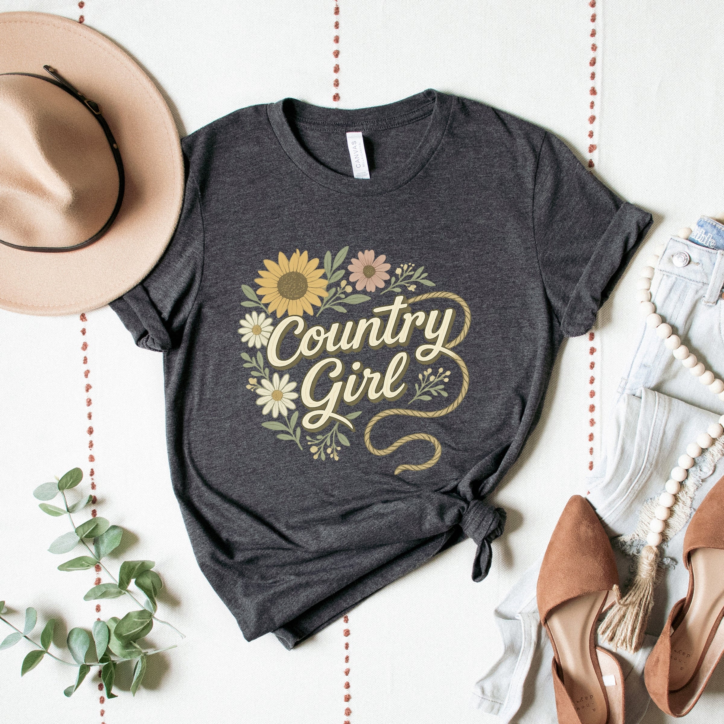 Country Girl Rope Watercolor  - Womens Short Sleeve Graphic T-Shirt