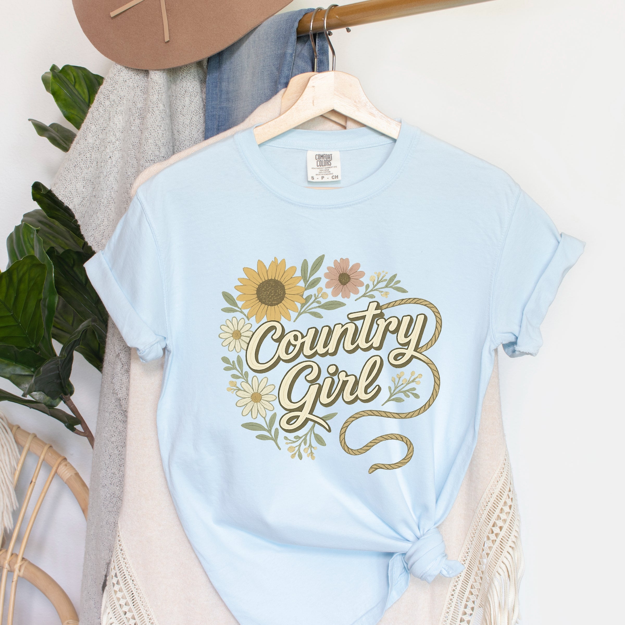 Country Girl Rope Watercolor  - Womens Garment Dyed Graphic T-Shirt