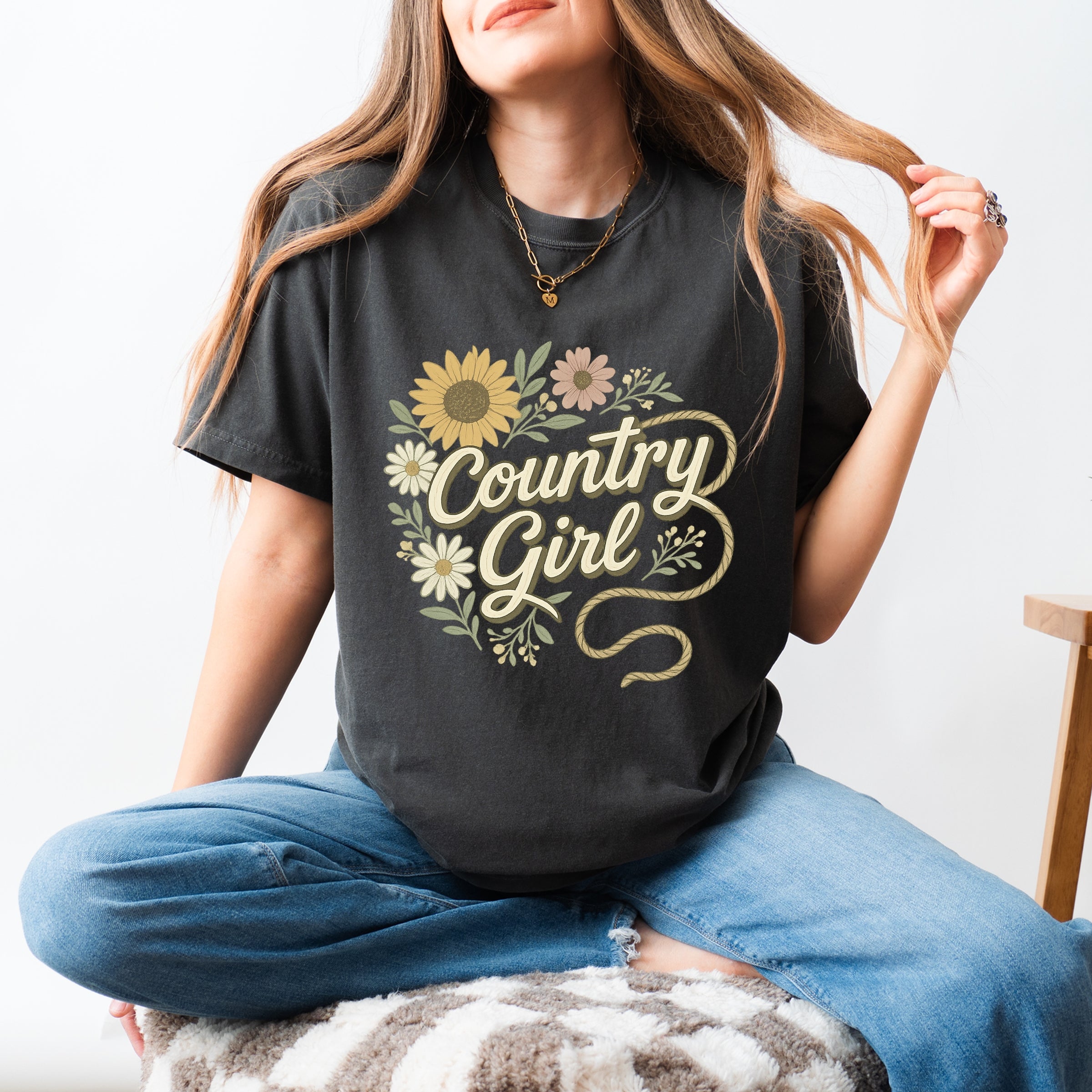 Country Girl Rope Watercolor  - Womens Garment Dyed Graphic T-Shirt