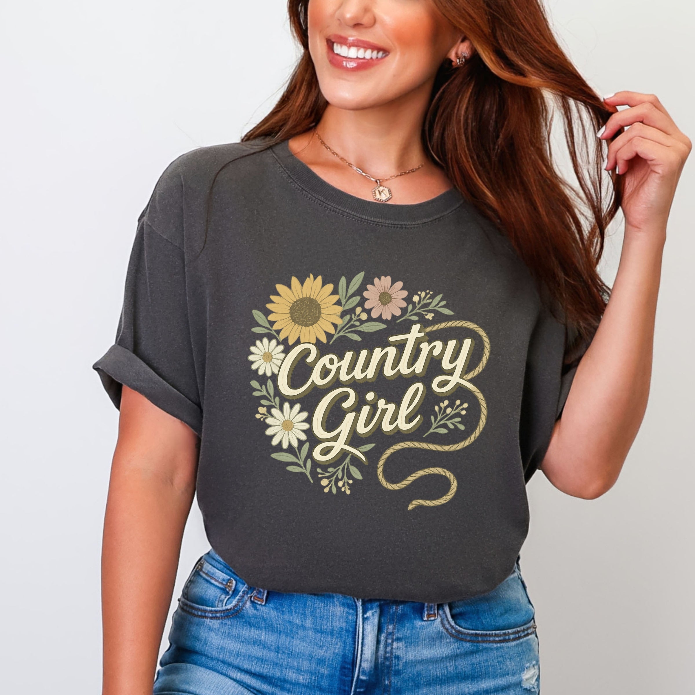 Country Girl Rope Watercolor  - Womens Garment Dyed Graphic T-Shirt