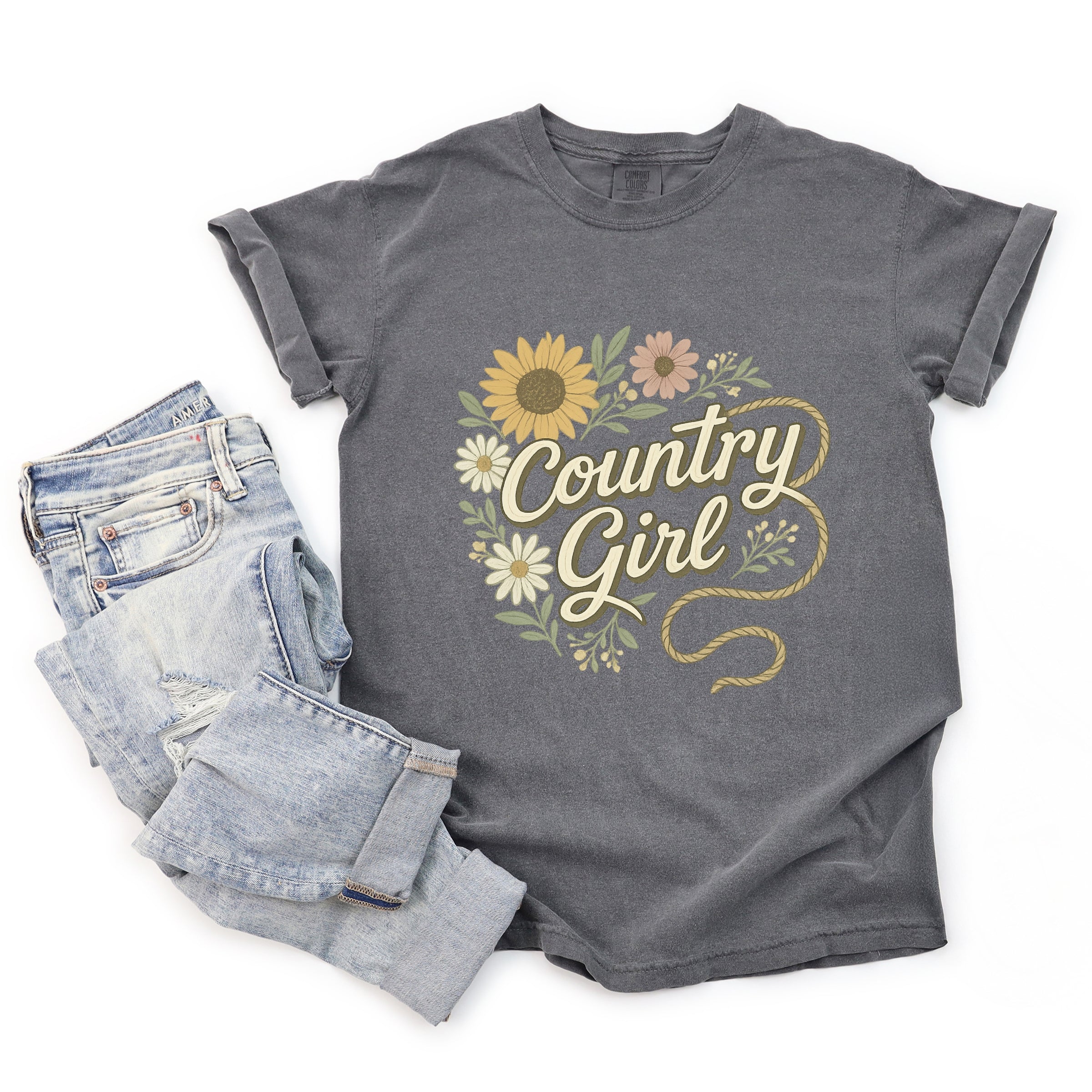 Country Girl Rope Watercolor  - Womens Garment Dyed Graphic T-Shirt
