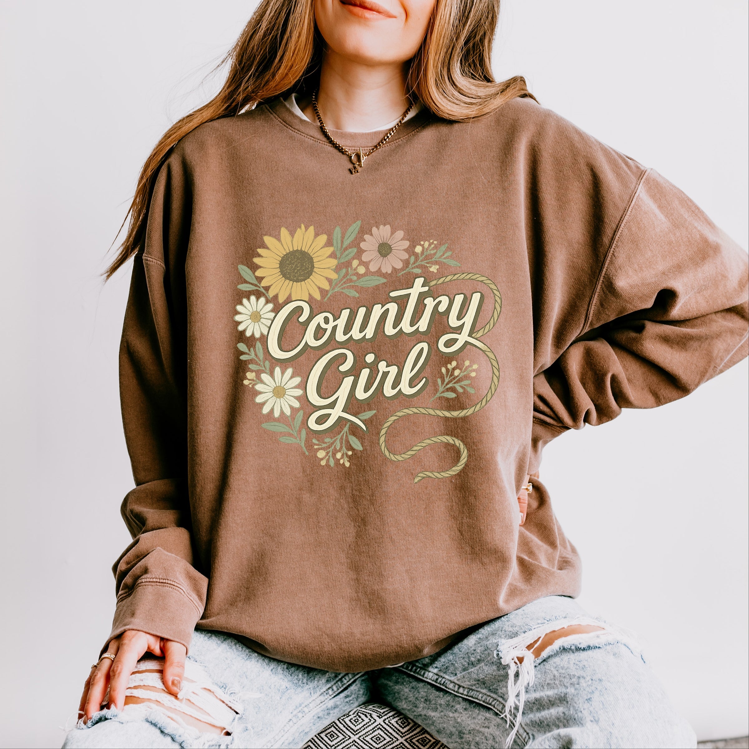 Country Girl Rope Watercolor  - Womens Lightweight Garment Dyed Sweatshirt