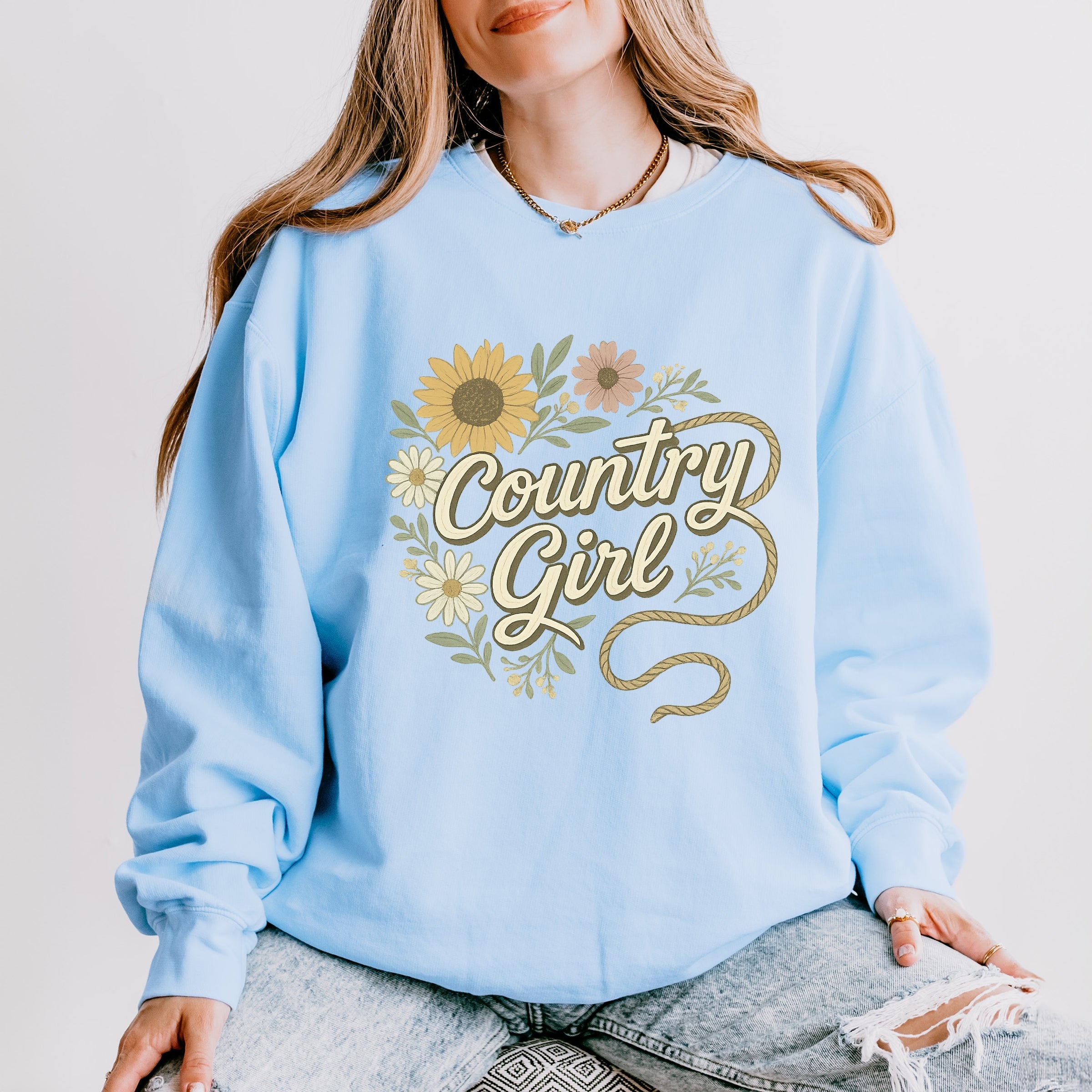 Country Girl Rope Watercolor  - Womens Lightweight Garment Dyed Sweatshirt