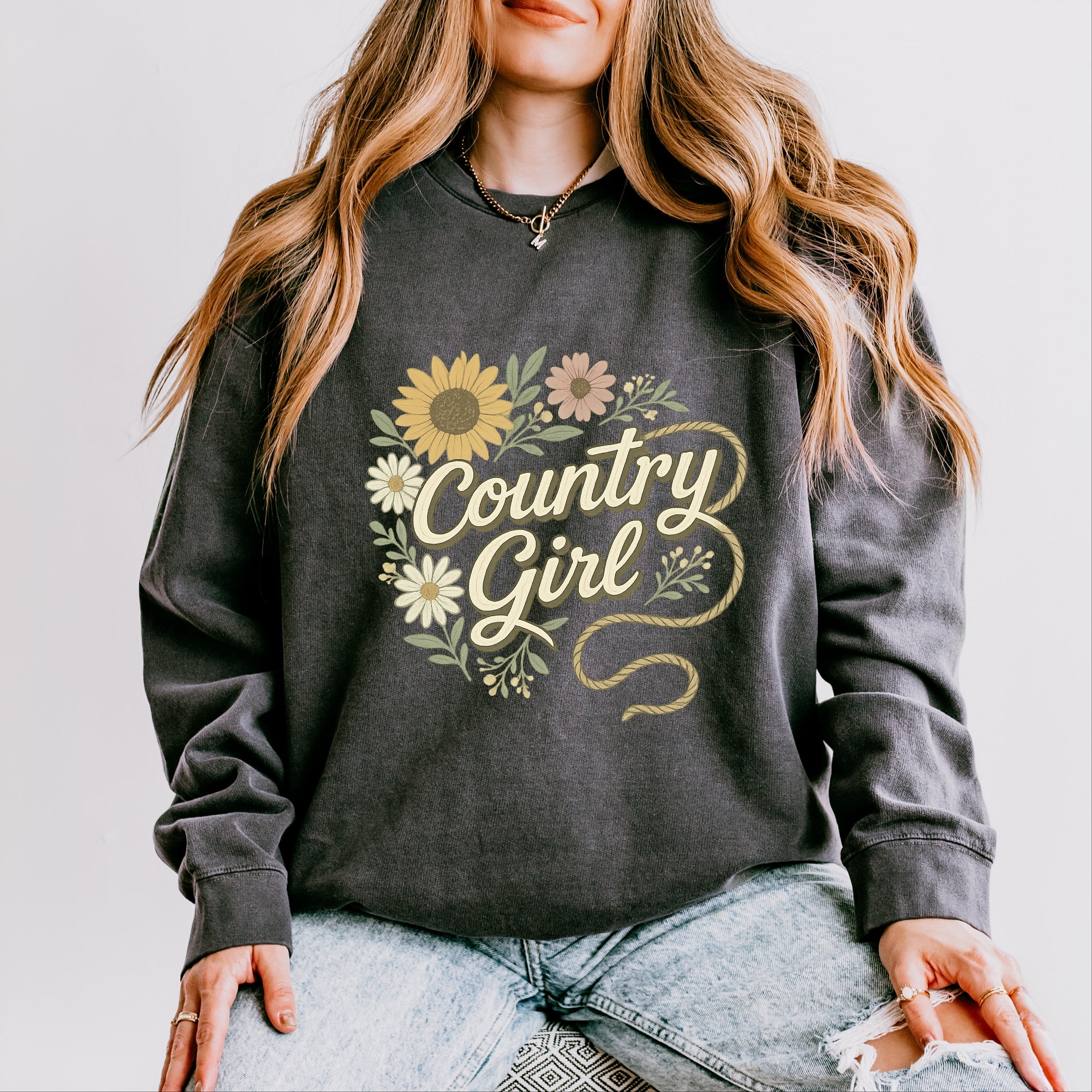 Country Girl Rope Watercolor  - Womens Lightweight Garment Dyed Sweatshirt