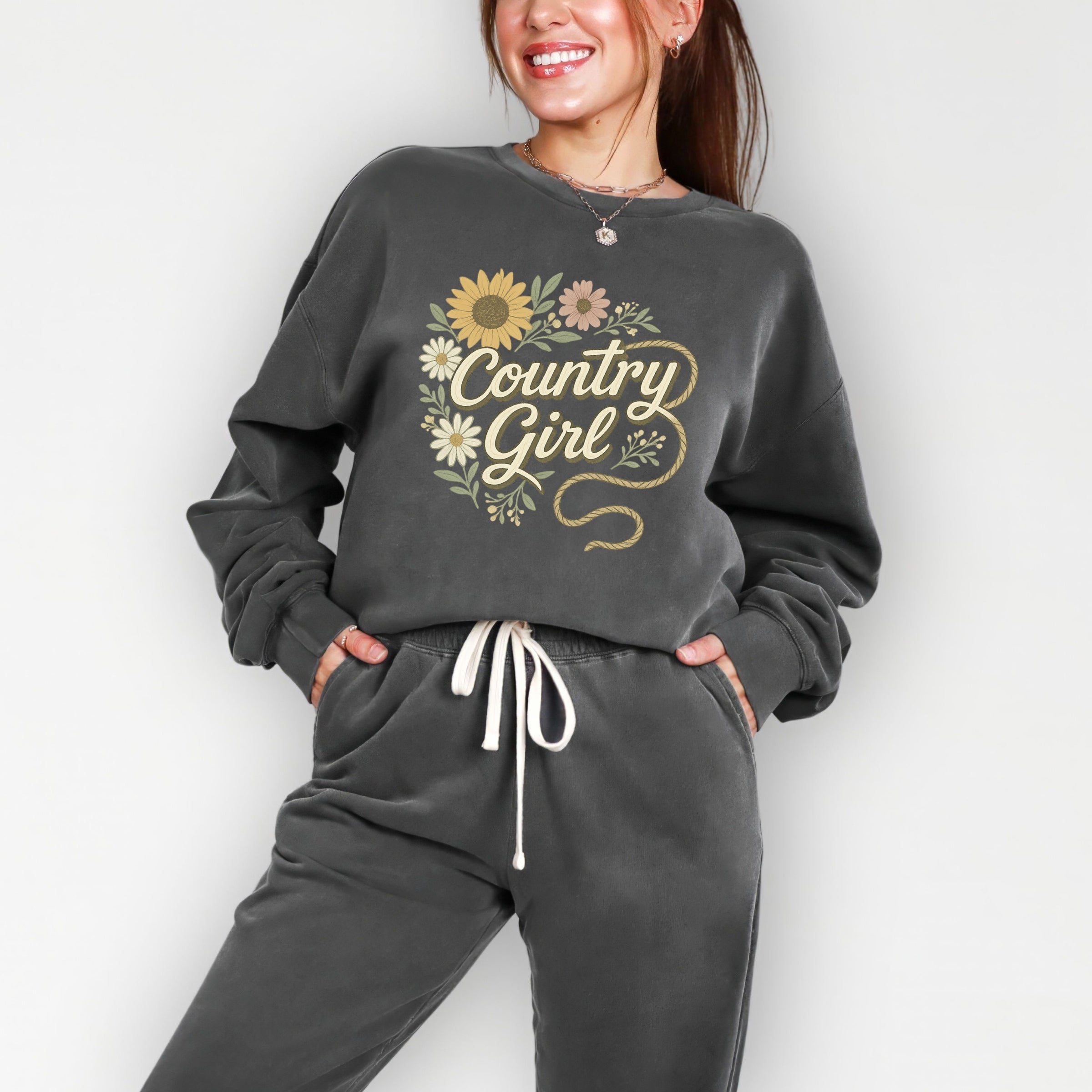 Country Girl Rope Watercolor  - Womens Lightweight Garment Dyed Sweatshirt