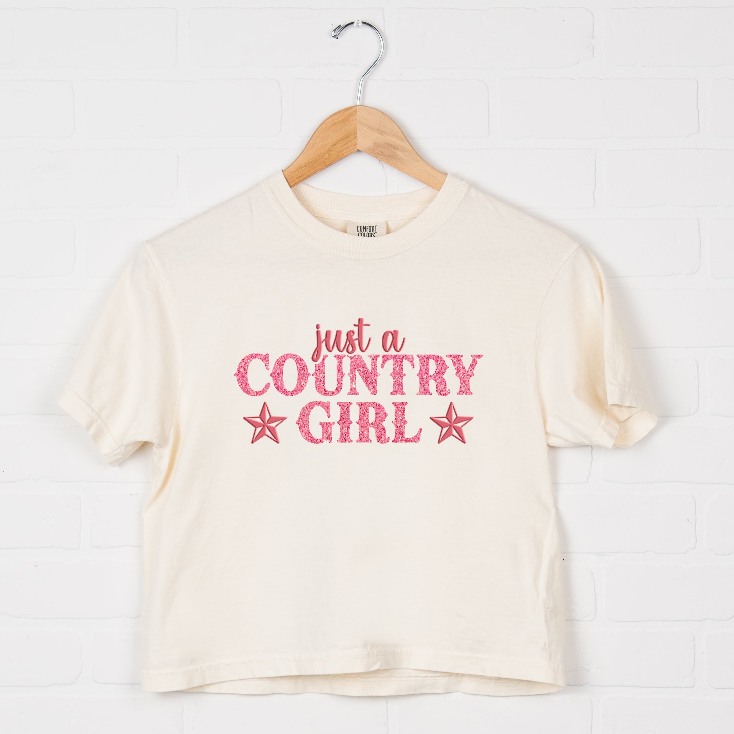 Just A Country Girl Stars Glitter/Puff Print - Womens Boxy Crop Top Graphic T-Shirt