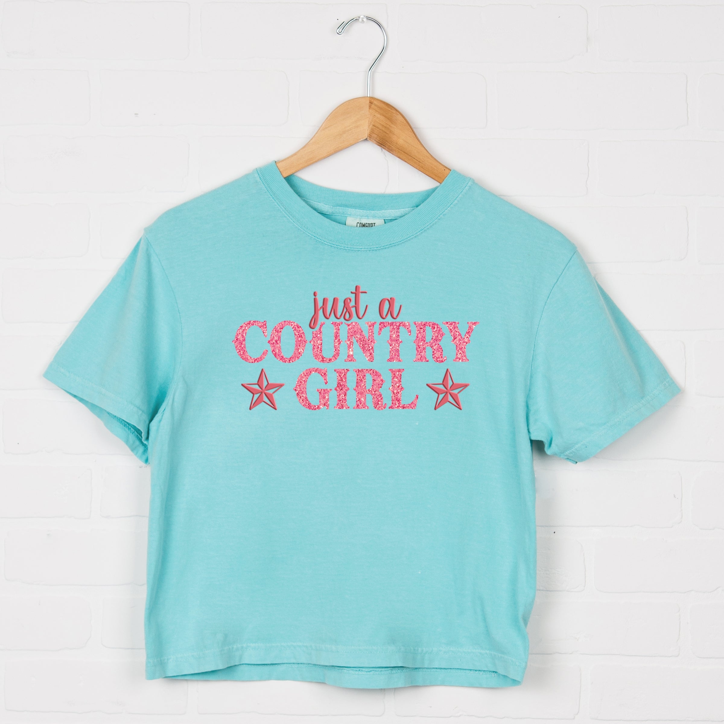 Just A Country Girl Stars Glitter/Puff Print - Womens Boxy Crop Top Graphic T-Shirt