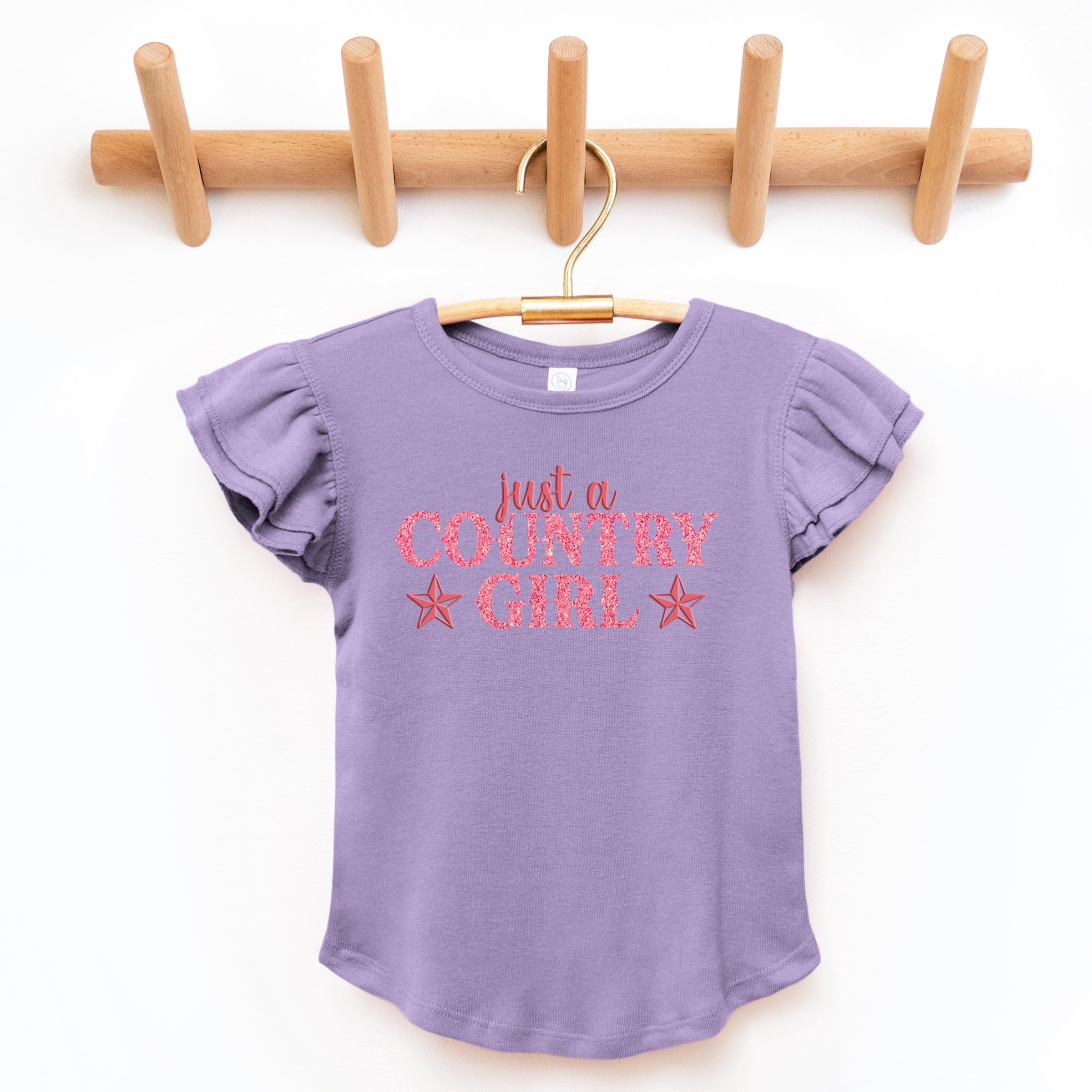 Just A Country Girl Stars Glitter/Puff Print - Flutter Sleeve Graphic T-Shirt