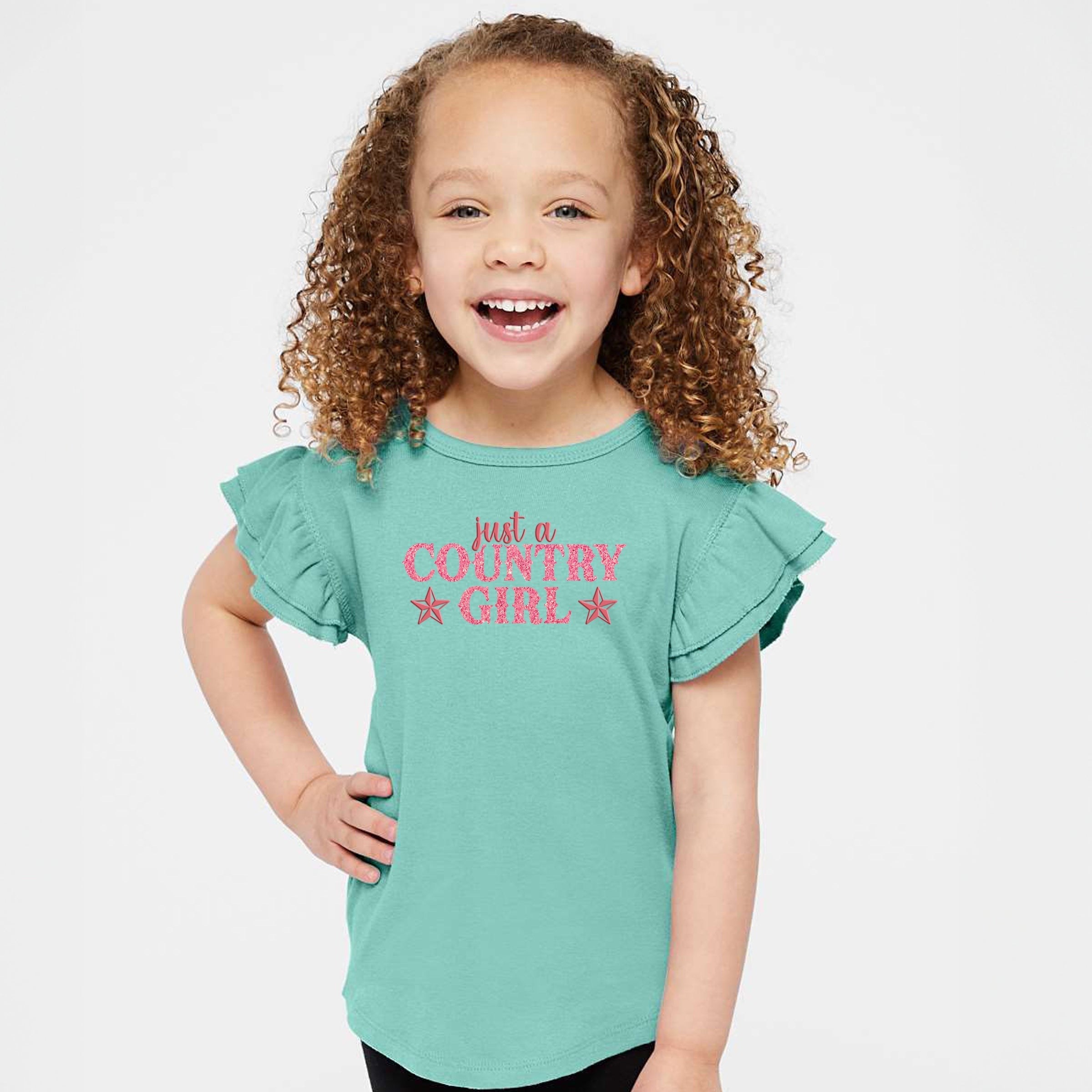 Just A Country Girl Stars Glitter/Puff Print - Flutter Sleeve Graphic T-Shirt