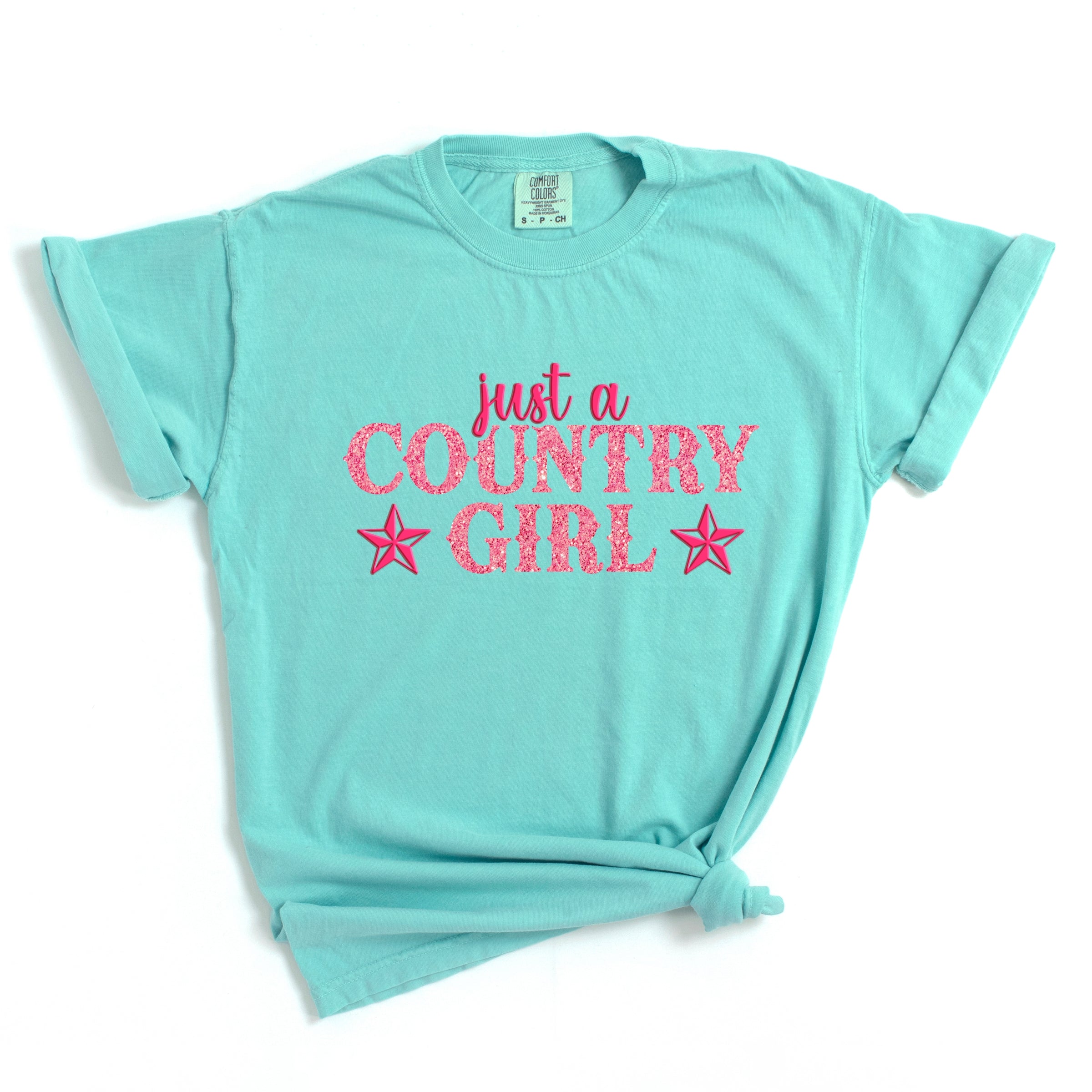 Just A Country Girl Stars Glitter/Puff Print - Womens Garment Dyed Graphic T-Shirt