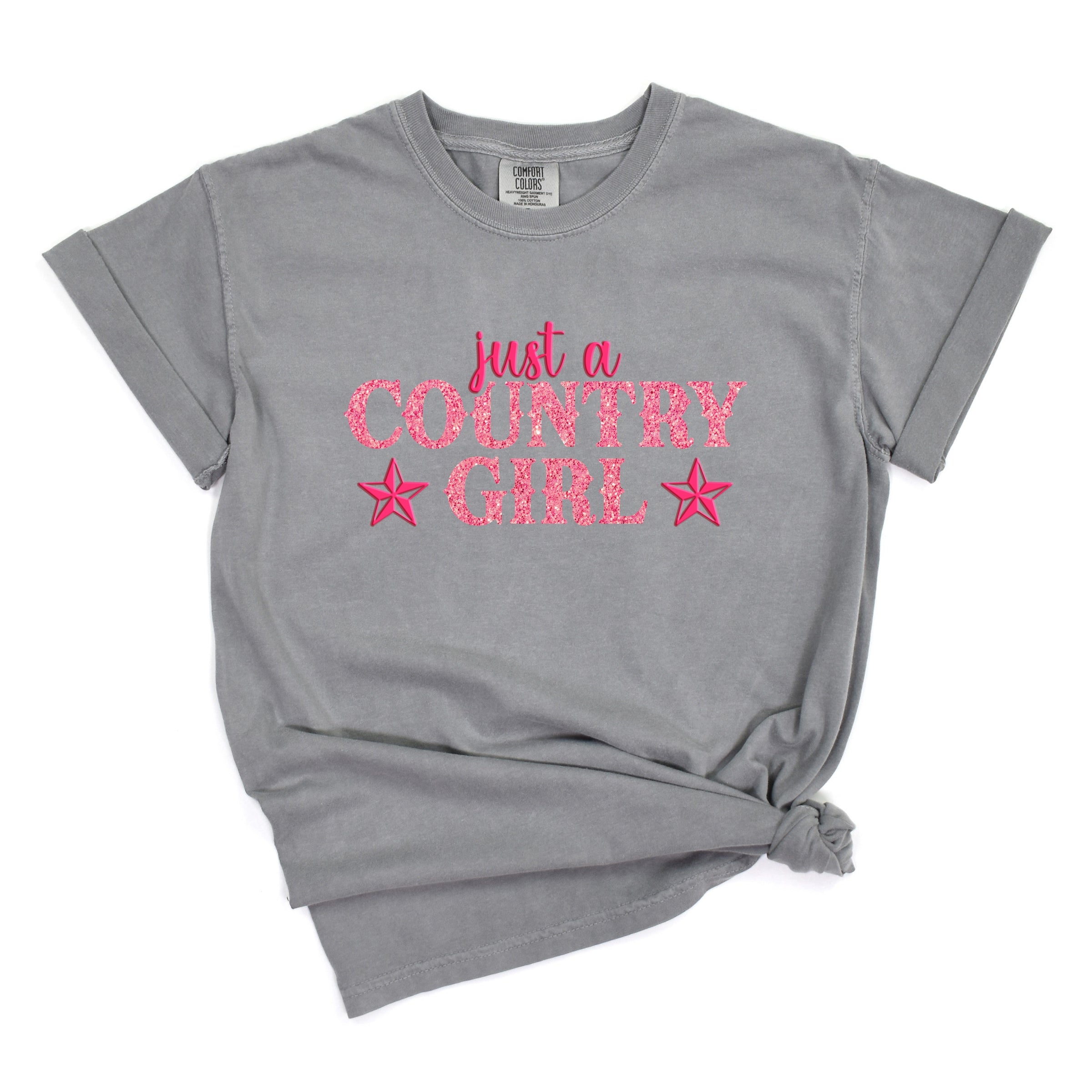 Just A Country Girl Stars Glitter/Puff Print - Womens Garment Dyed Graphic T-Shirt