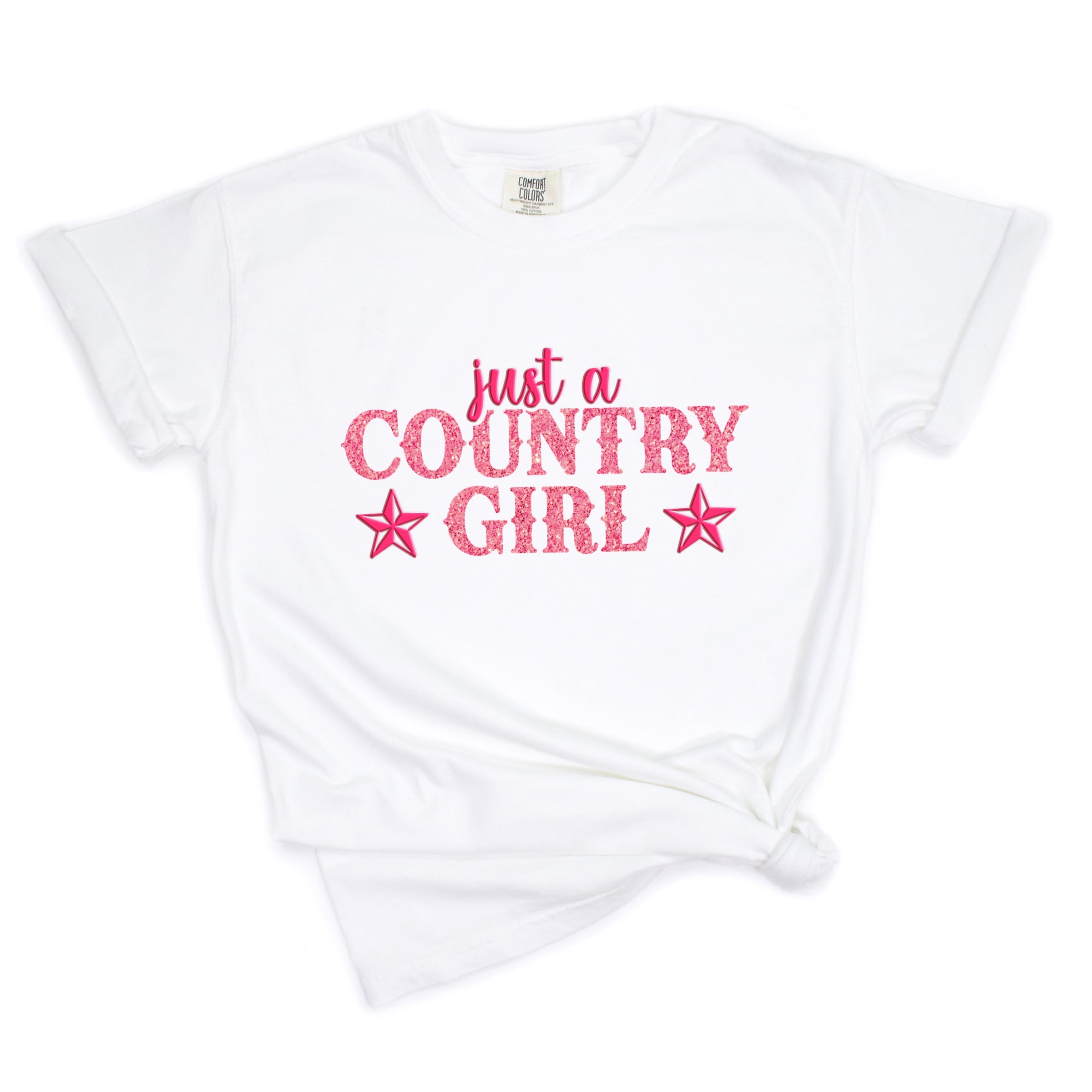 Just A Country Girl Stars Glitter/Puff Print - Womens Garment Dyed Graphic T-Shirt