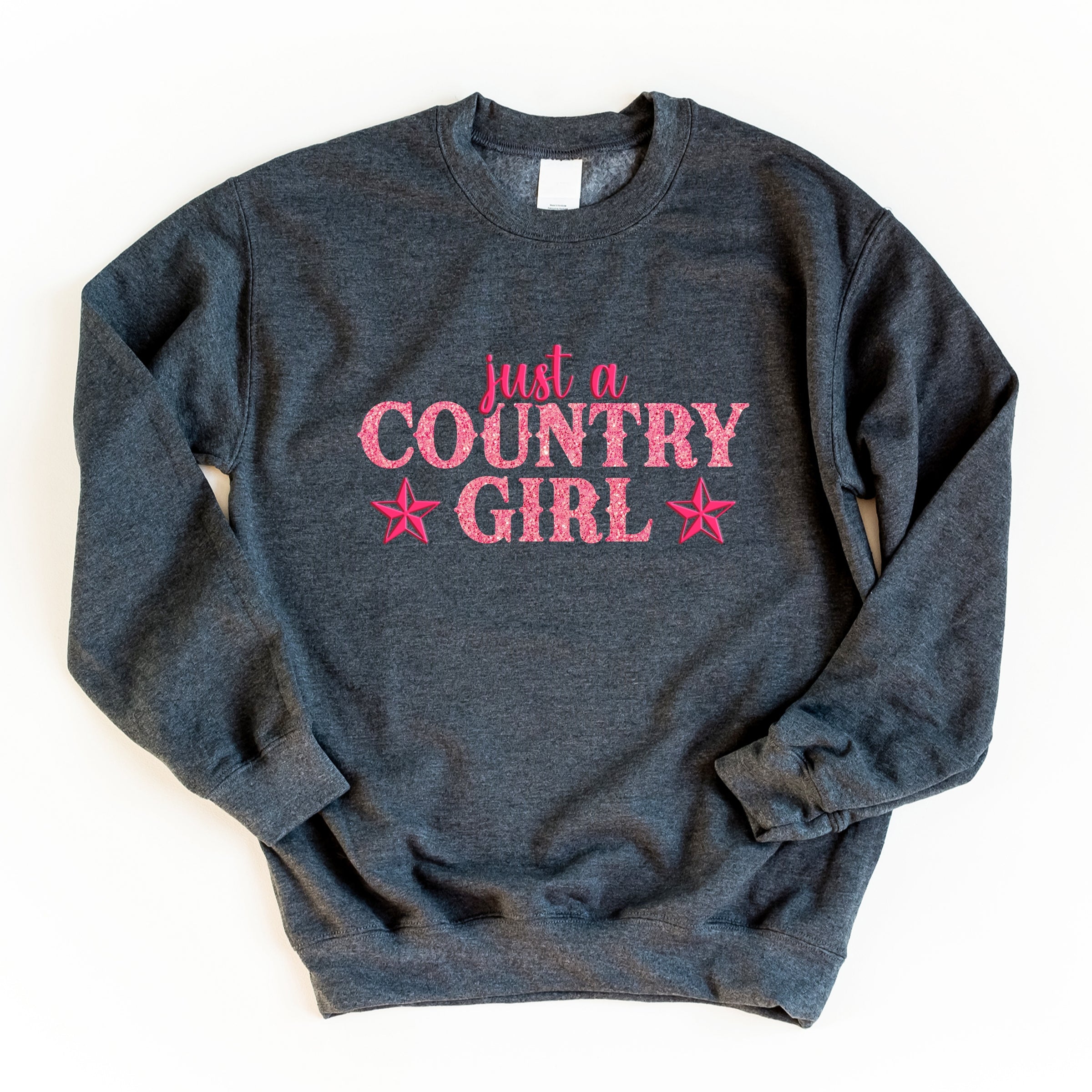 Just A Country Girl Stars Glitter/Puff Print -  Womens Graphic Sweatshirt