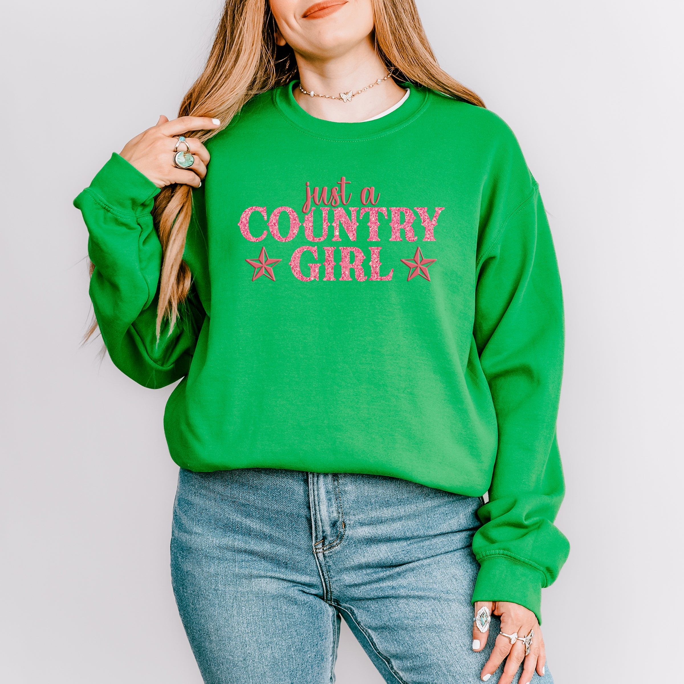 Just A Country Girl Stars Glitter/Puff Print -  Womens Graphic Sweatshirt