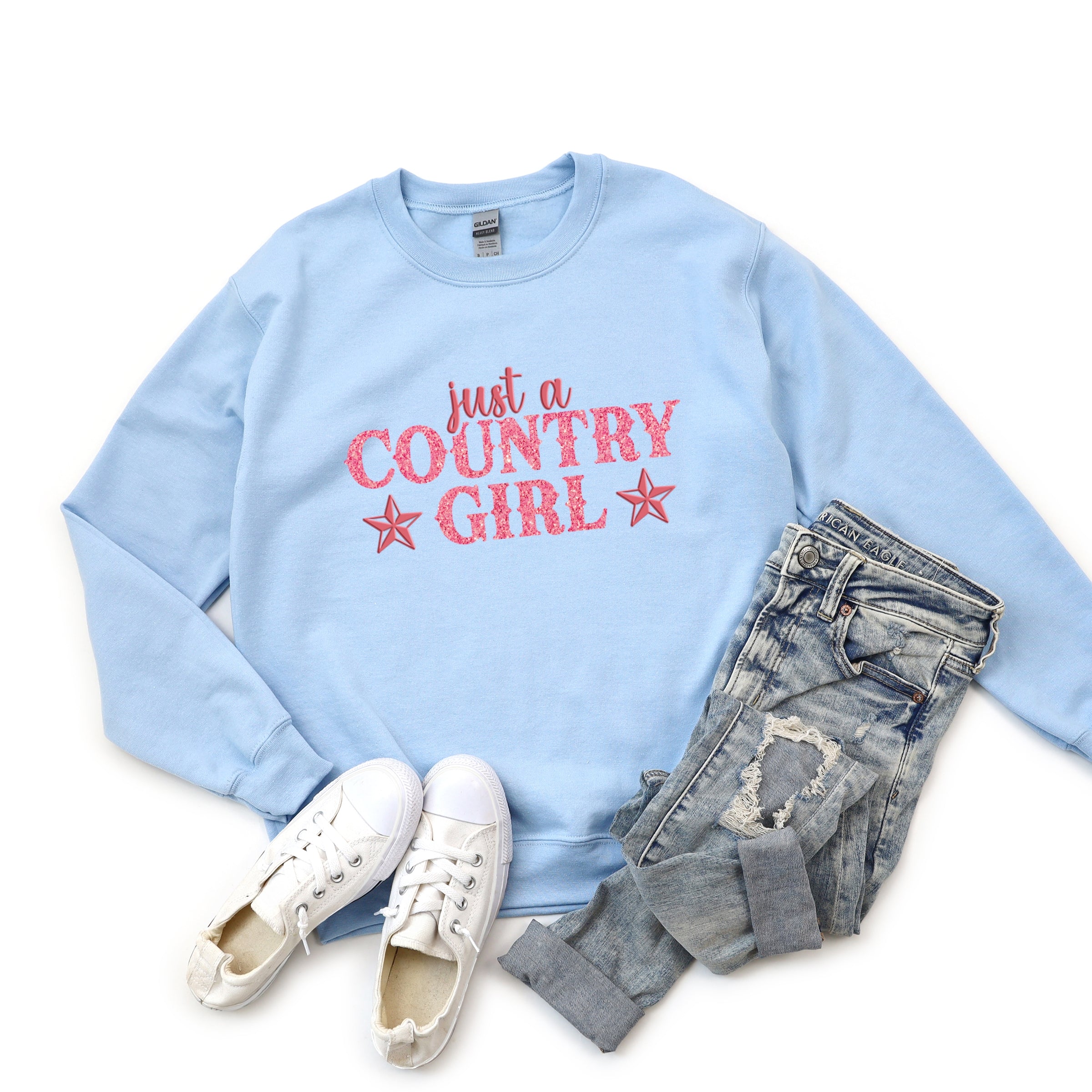 Just A Country Girl Stars Glitter/Puff Print -  Womens Graphic Sweatshirt