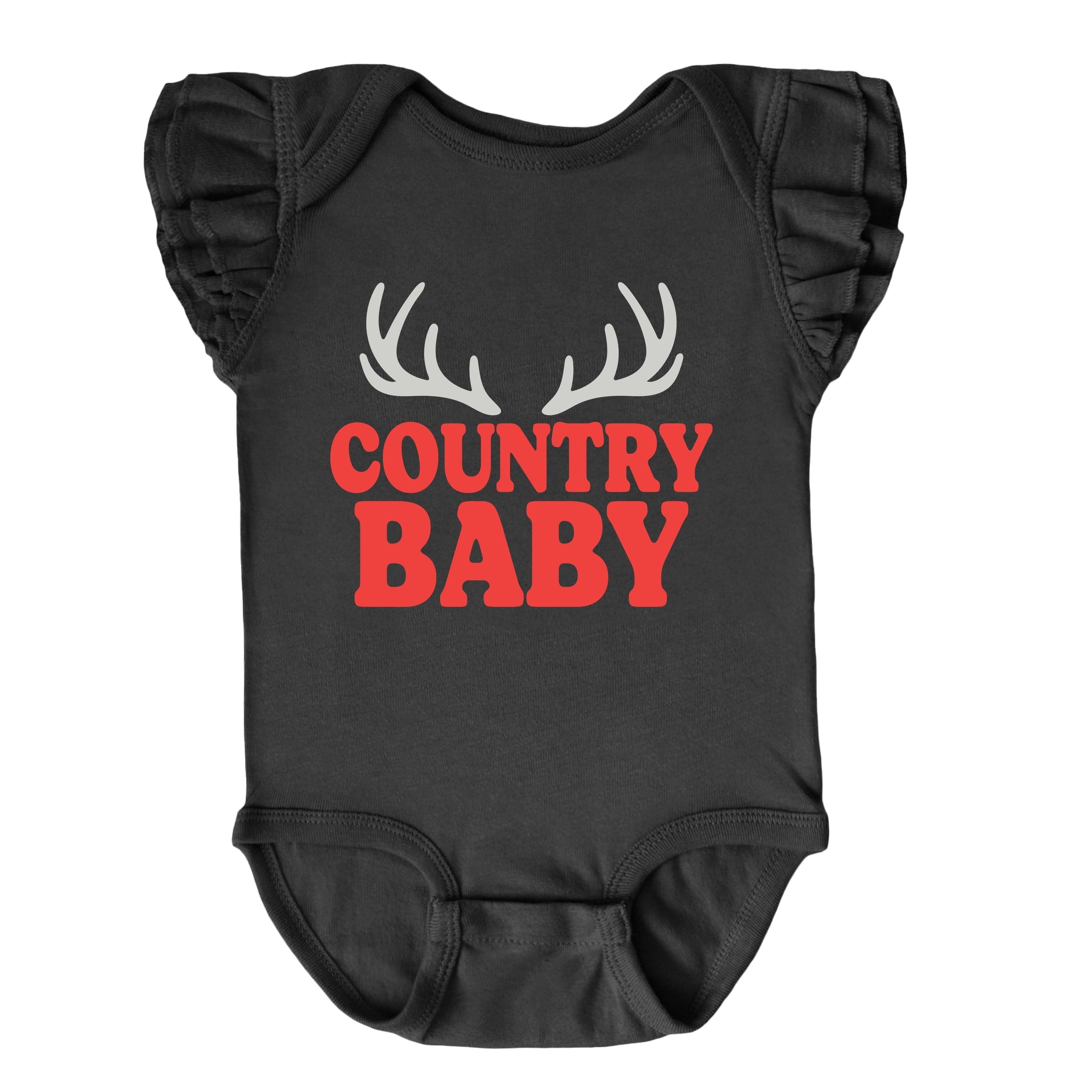 Country Baby Antlers Puff Print  - Baby Flutter Sleeve Bodysuit